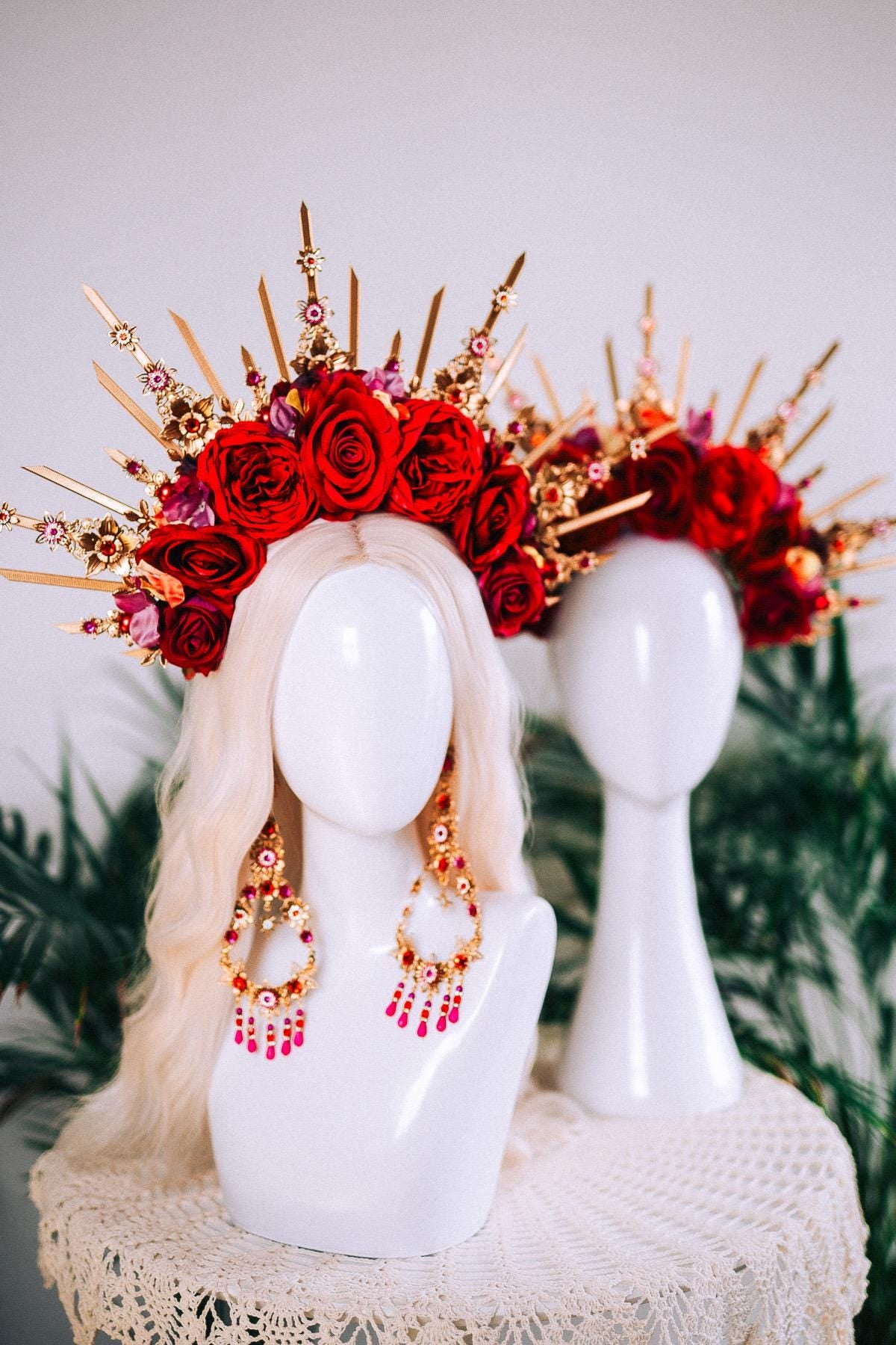 Red Rose Halo Crown Gold Floral Headpiece