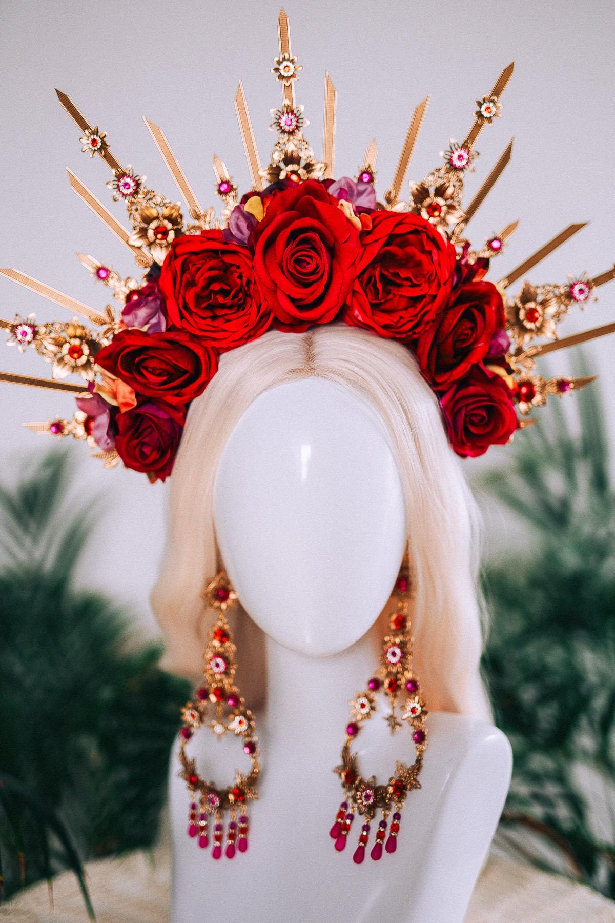 Red Rose Halo Crown Gold Floral Headpiece