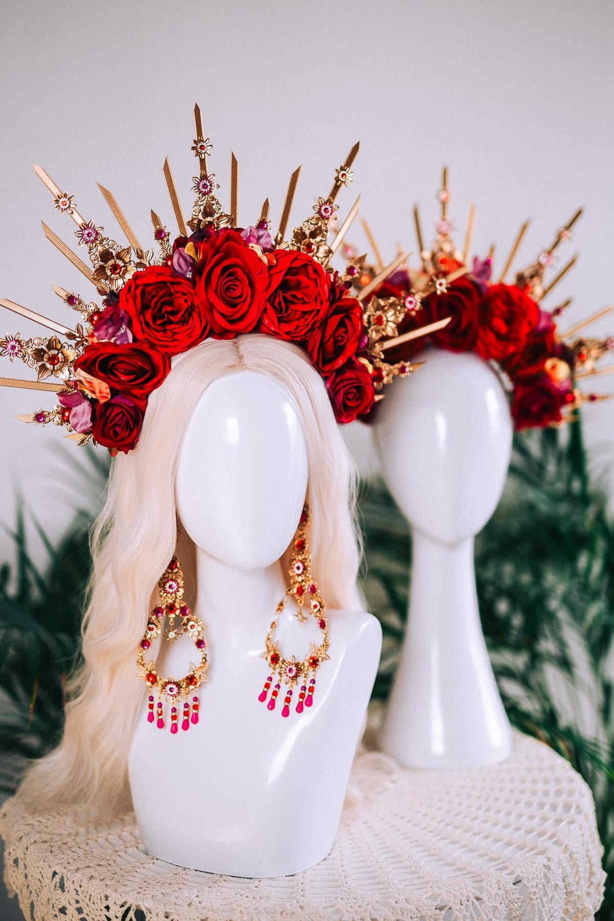Red Rose Halo Crown Gold Floral Headpiece