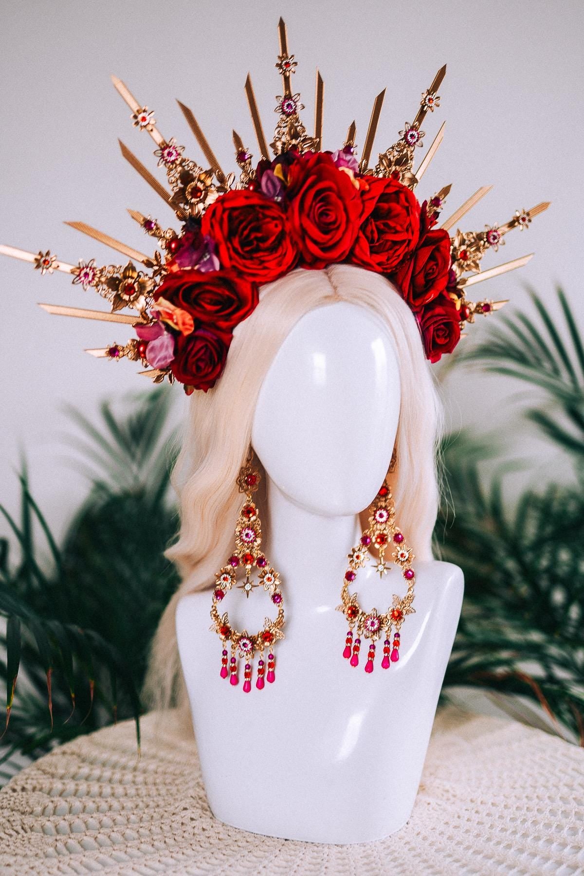 Red Rose Halo Crown Gold Floral Headpiece