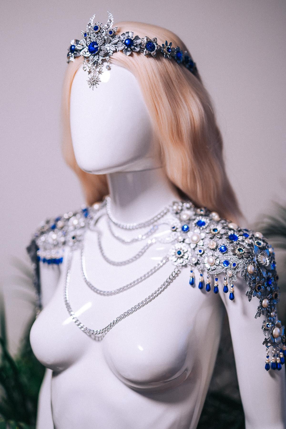 Celestial Moon Shoulder Necklace Silver Blue Goddess Jewelry