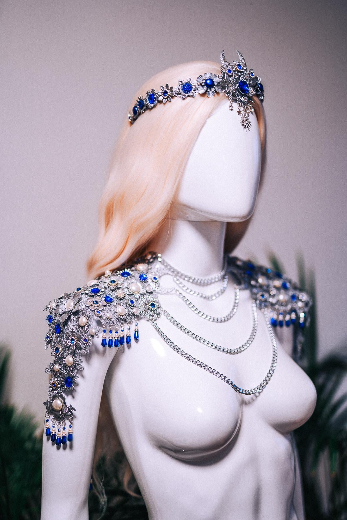 Celestial Moon Shoulder Necklace Silver Blue Goddess Jewelry