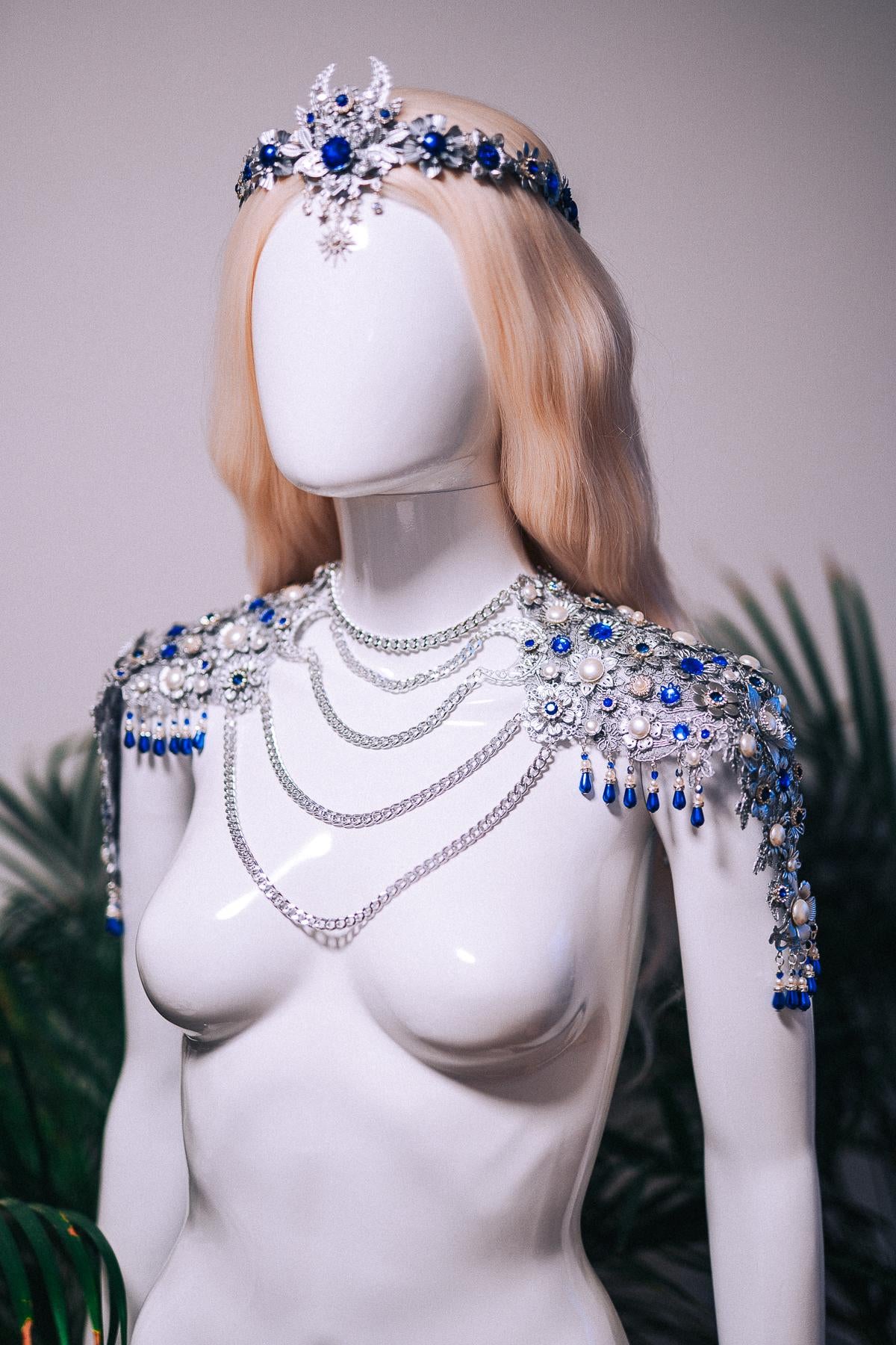 Celestial Moon Shoulder Necklace Silver Blue Goddess Jewelry