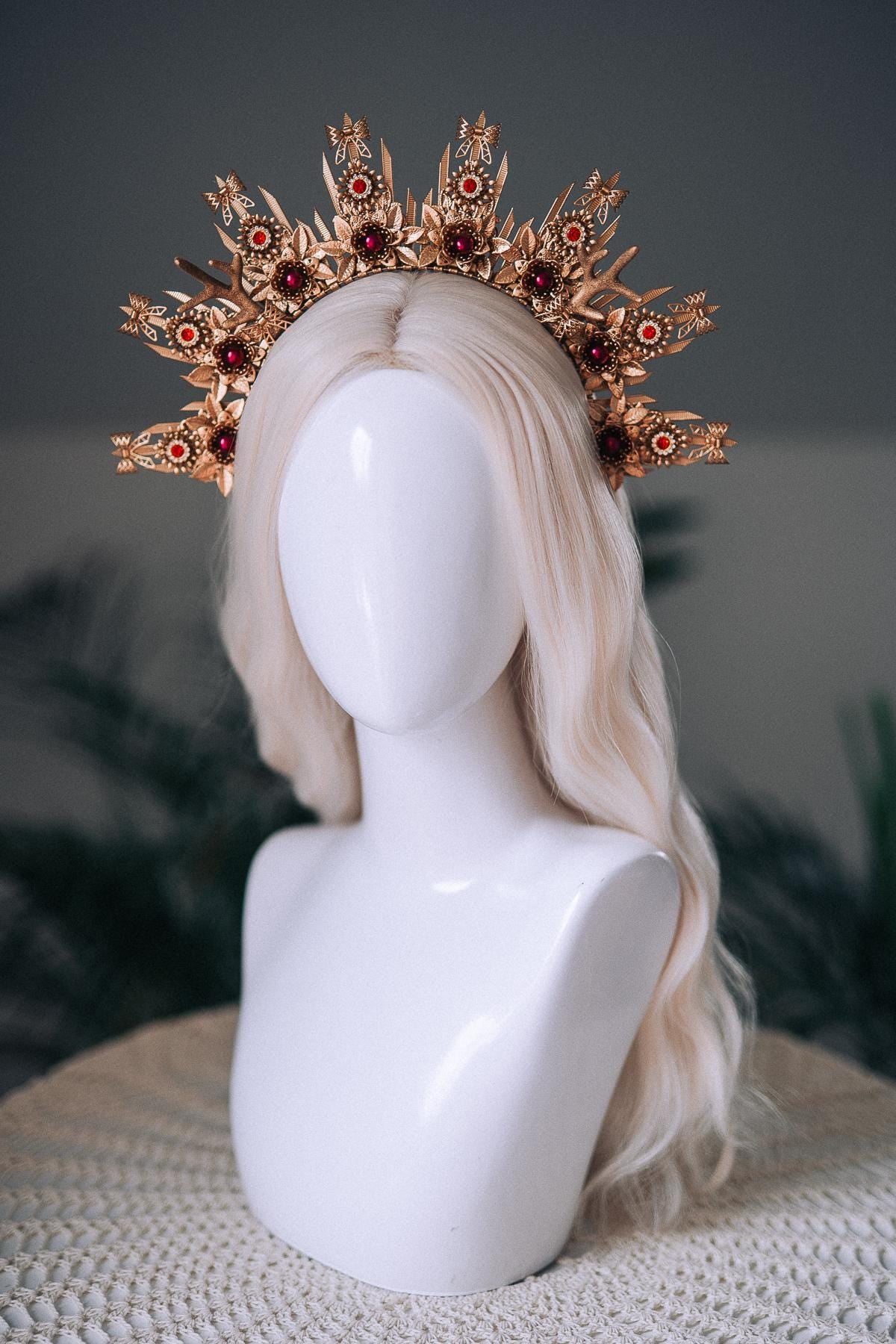 Christmas Halo Crown Red Green Gold Celestial Goddess Headpiece Holiday Tiara