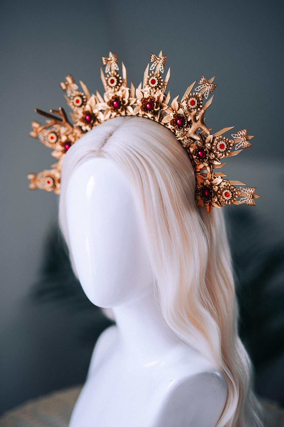 Christmas Halo Crown Red Green Gold Celestial Goddess Headpiece Holiday Tiara