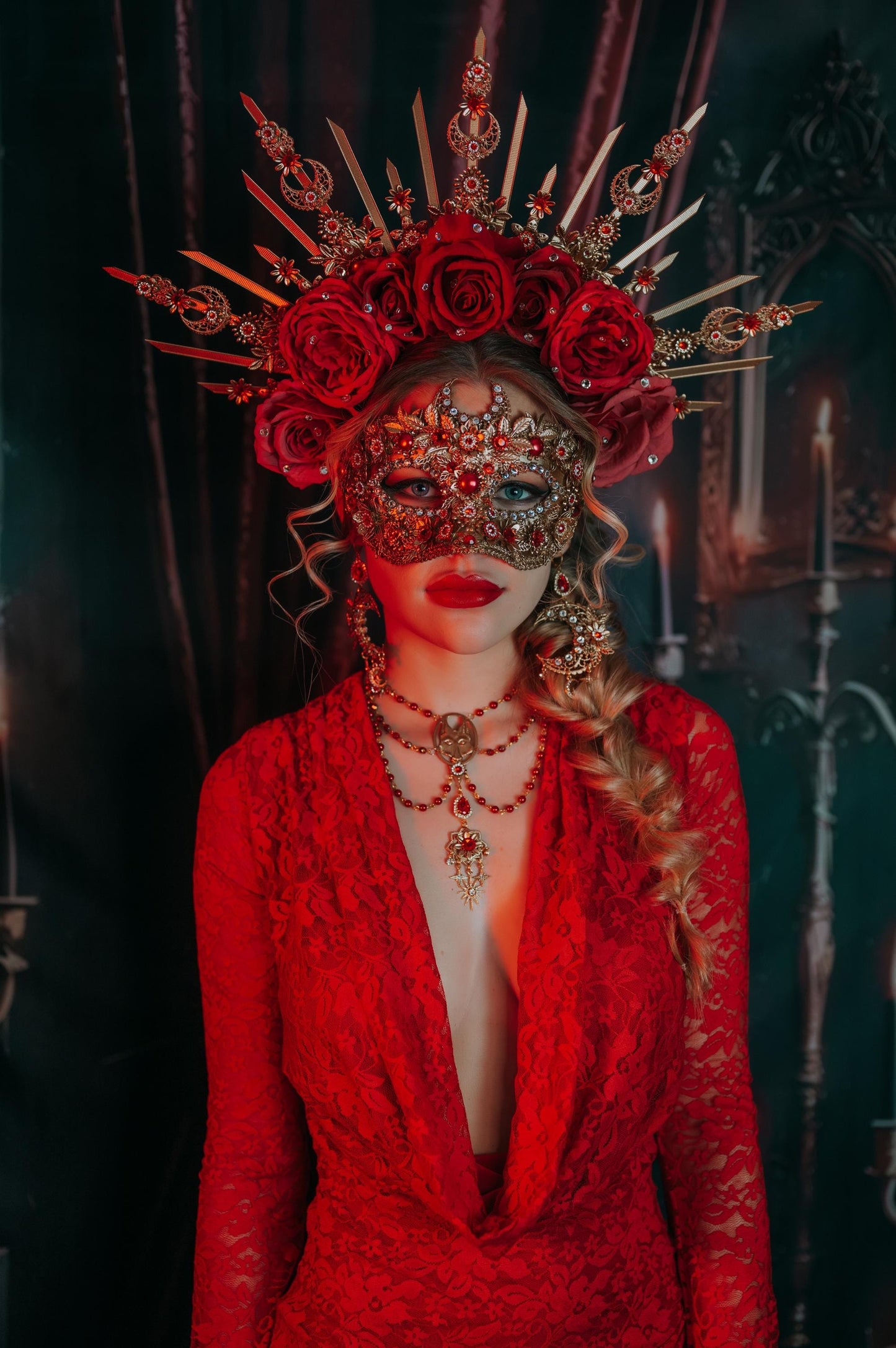 Baroque Fox Masquerade Mask Gold Red