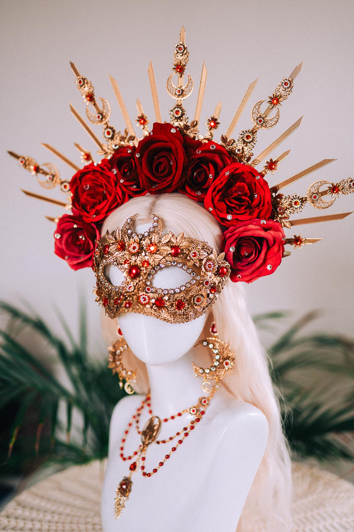 Golden Rose Masquerade Earrings Red Pink Floral Crystal Pearl Carnival Jewelry For Her