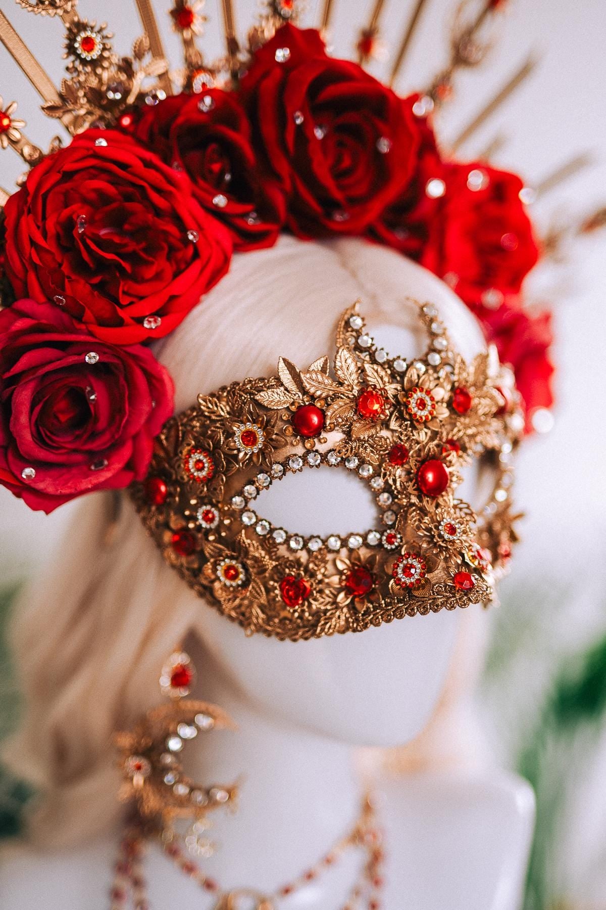 Golden Rose Masquerade Earrings Red Pink Floral Crystal Pearl Carnival Jewelry For Her