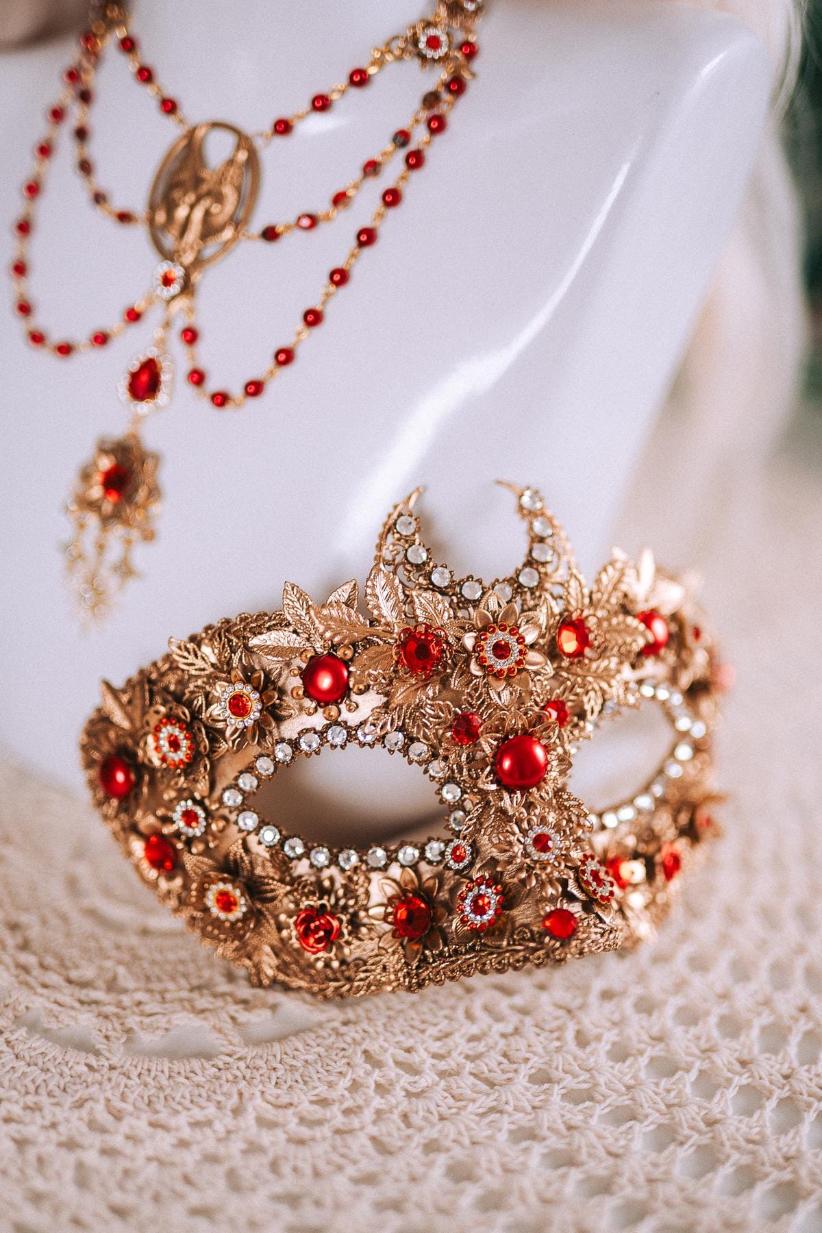 Golden Rose Masquerade Earrings Red Pink Floral Crystal Pearl Carnival Jewelry For Her