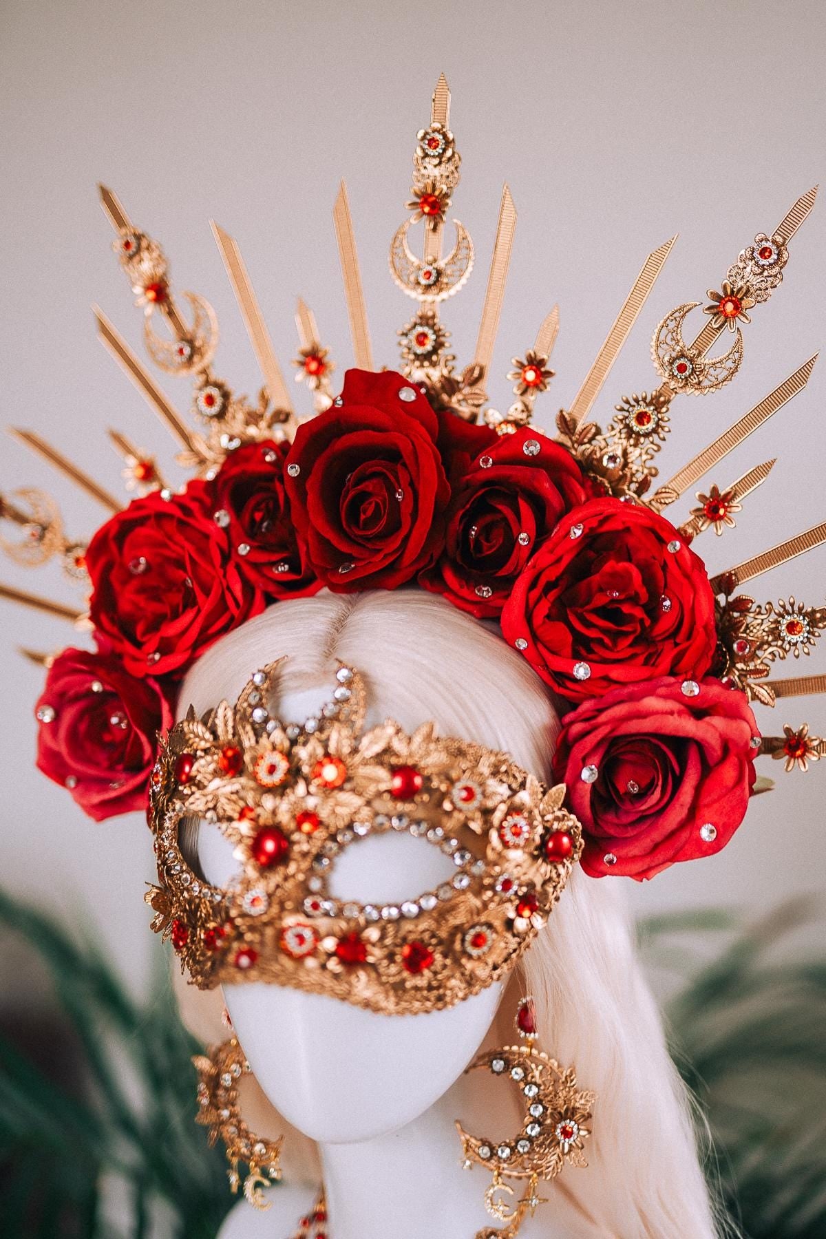 Golden Rose Masquerade Earrings Red Pink Floral Crystal Pearl Carnival Jewelry For Her