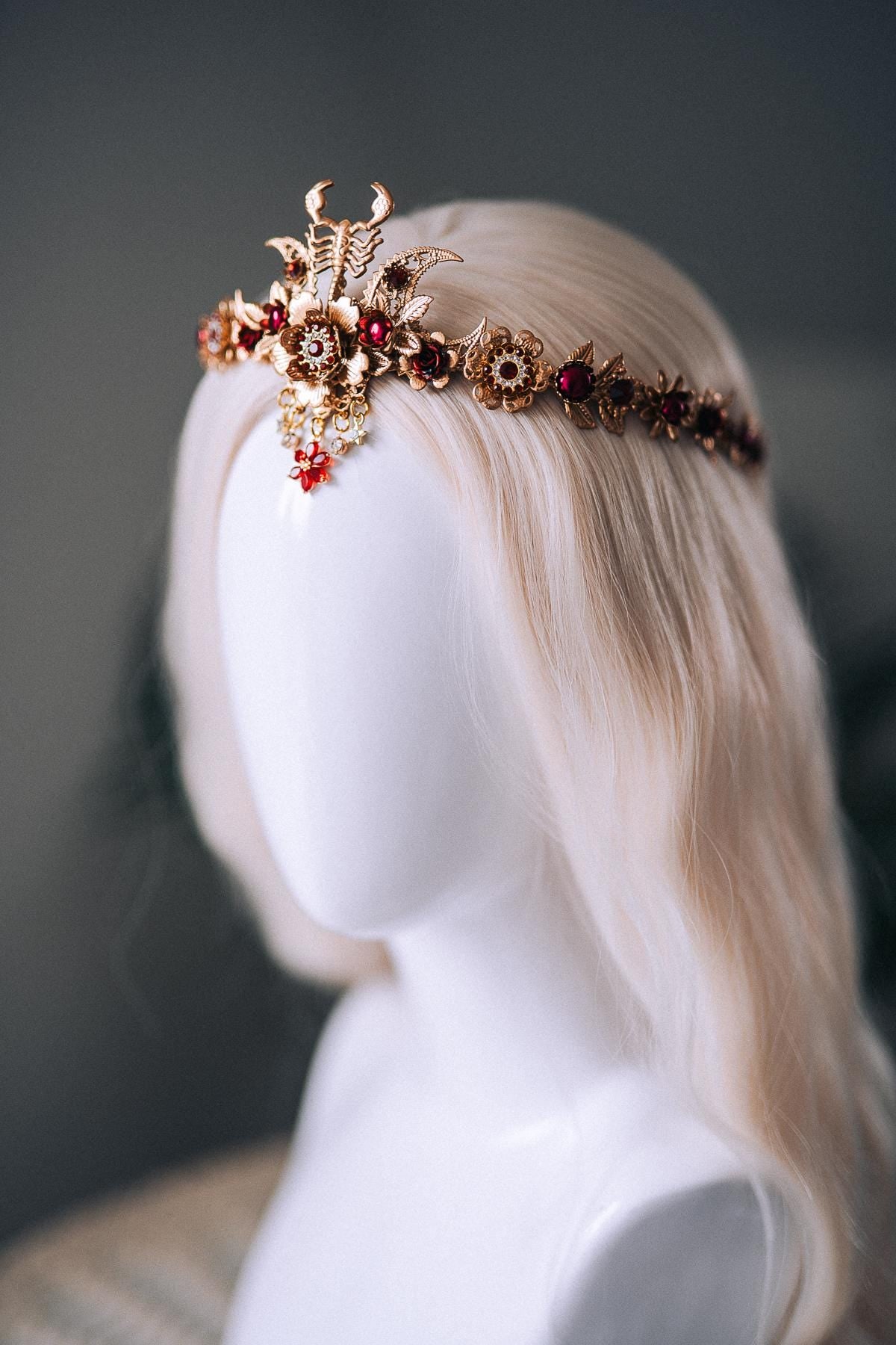 Scorpio Zodiac Tiara Burgundy Crystal Headpiece Celestial Goddess Crown