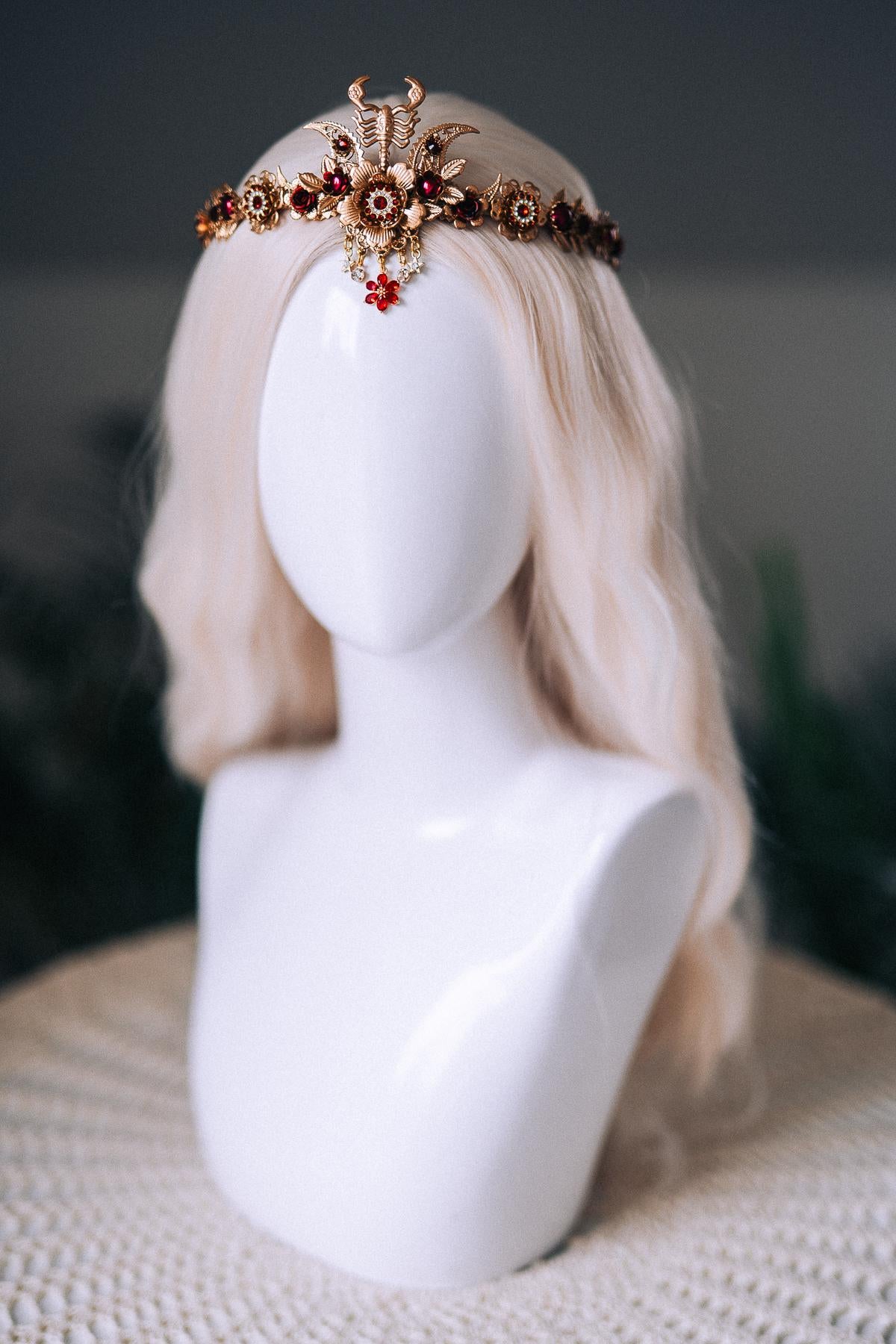 Scorpio Zodiac Tiara Burgundy Crystal Headpiece Celestial Goddess Crown