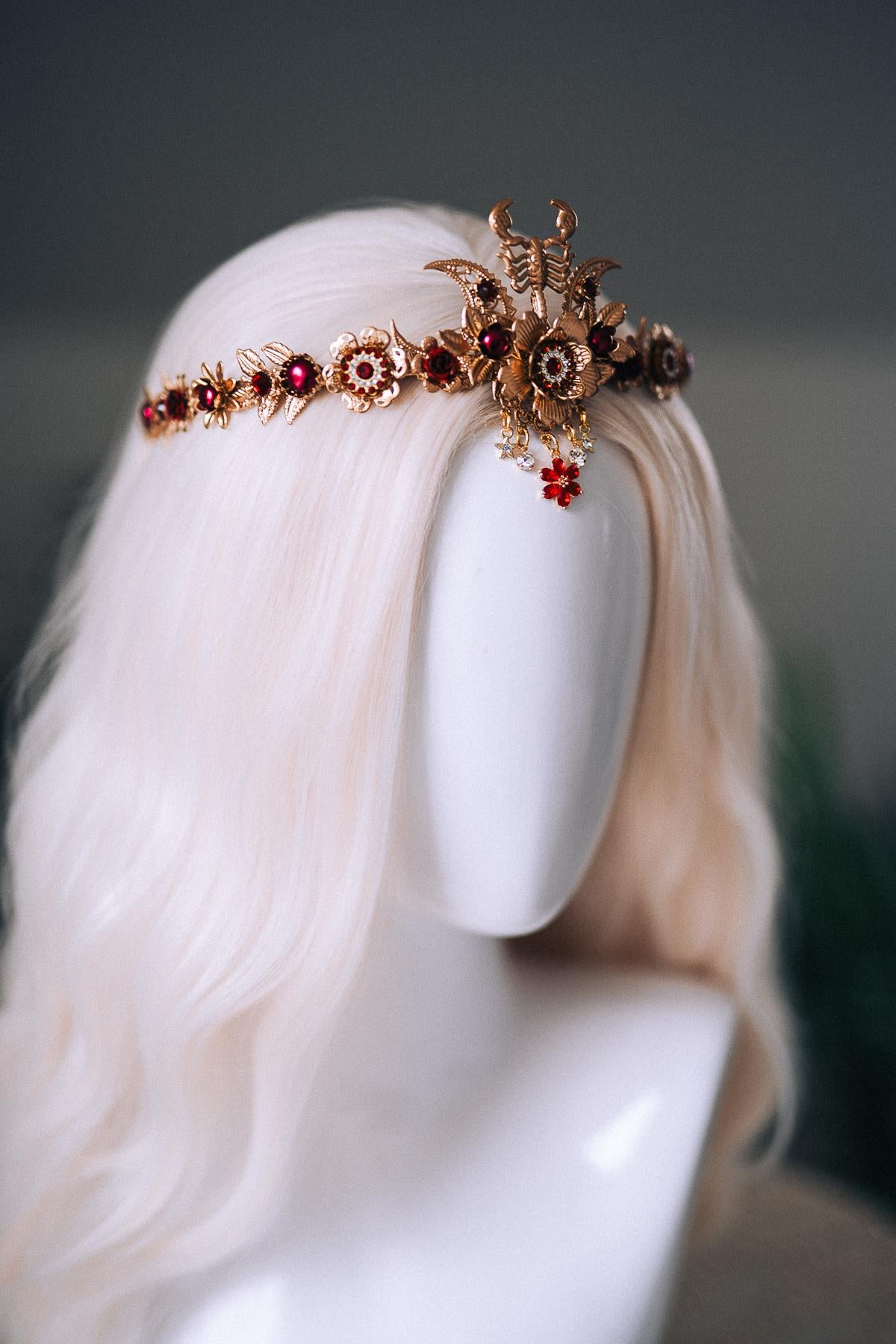 Scorpio Zodiac Tiara Burgundy Crystal Headpiece Celestial Goddess Crown