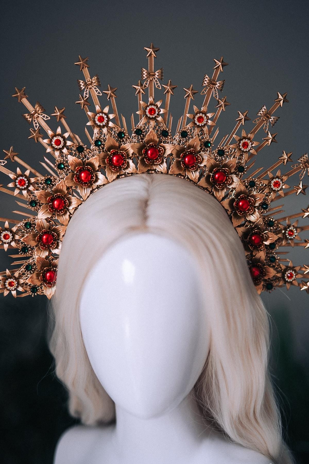 Christmas Halo Crown Red Green Gold Celestial Goddess Headpiece Holiday Tiara