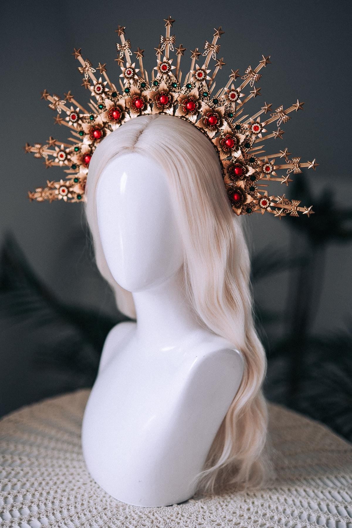 Christmas Halo Crown Red Green Gold Celestial Goddess Headpiece Holiday Tiara
