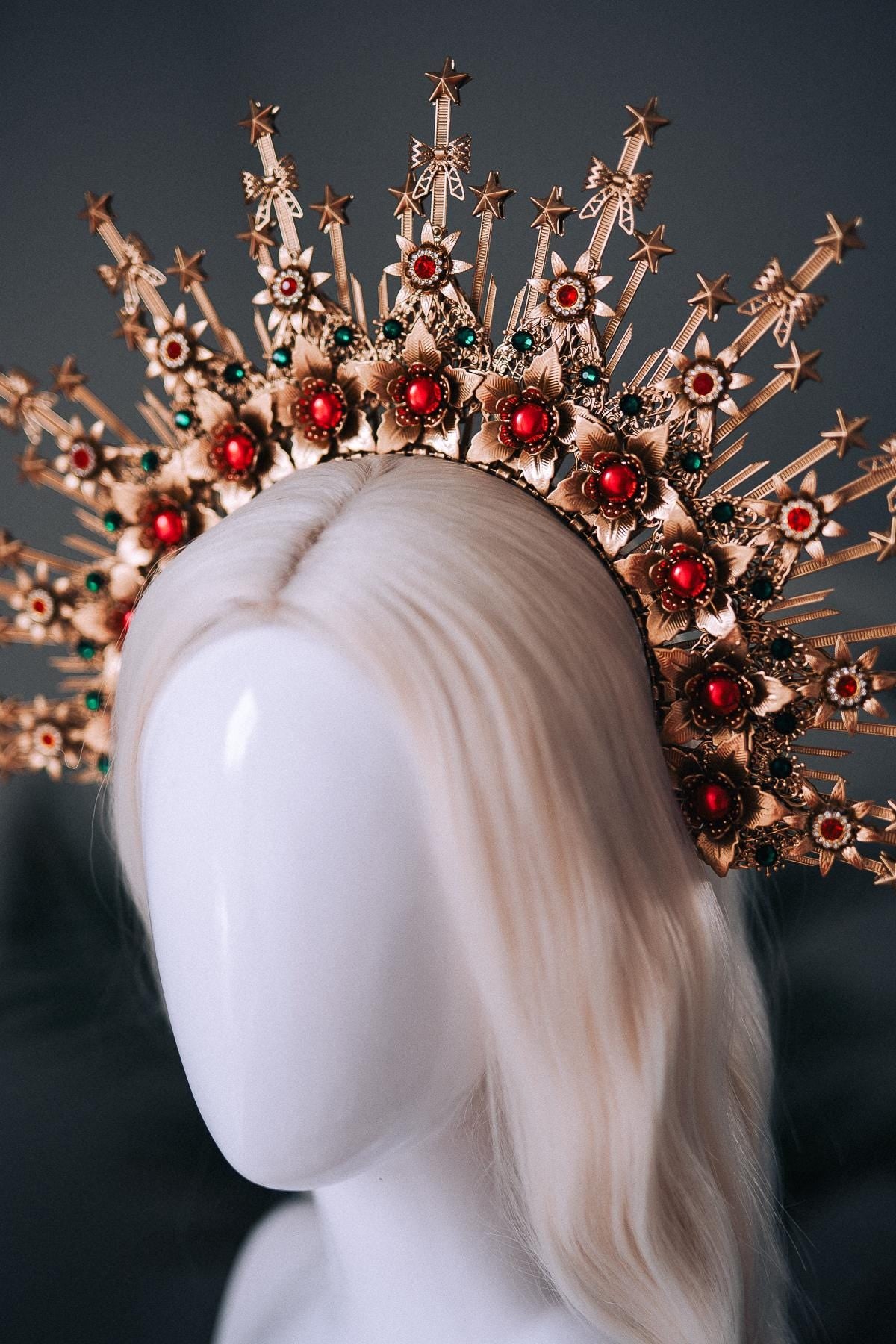 Christmas Halo Crown Red Green Gold Celestial Goddess Headpiece Holiday Tiara