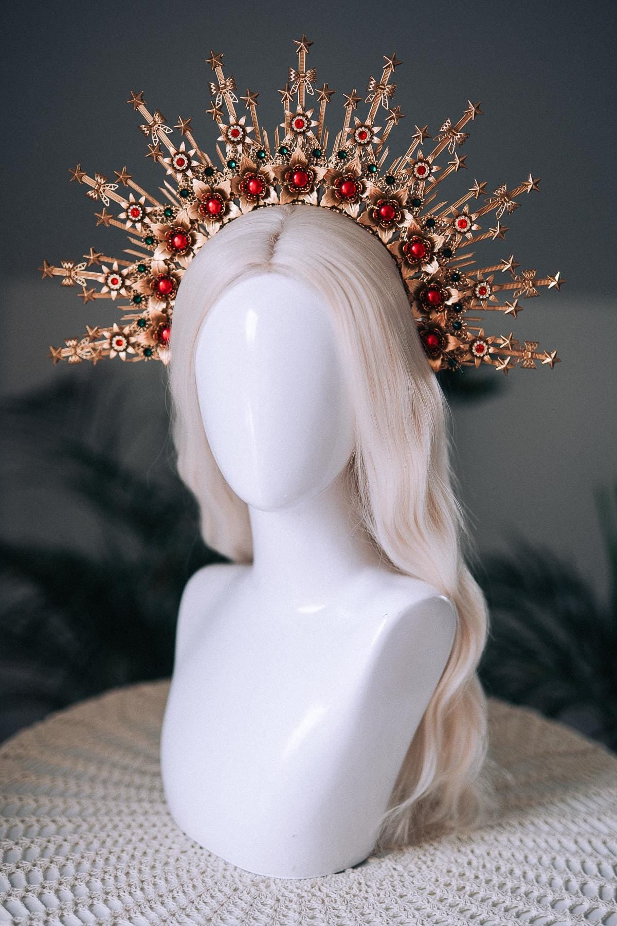 Christmas Halo Crown Red Green Gold Celestial Goddess Headpiece Holiday Tiara