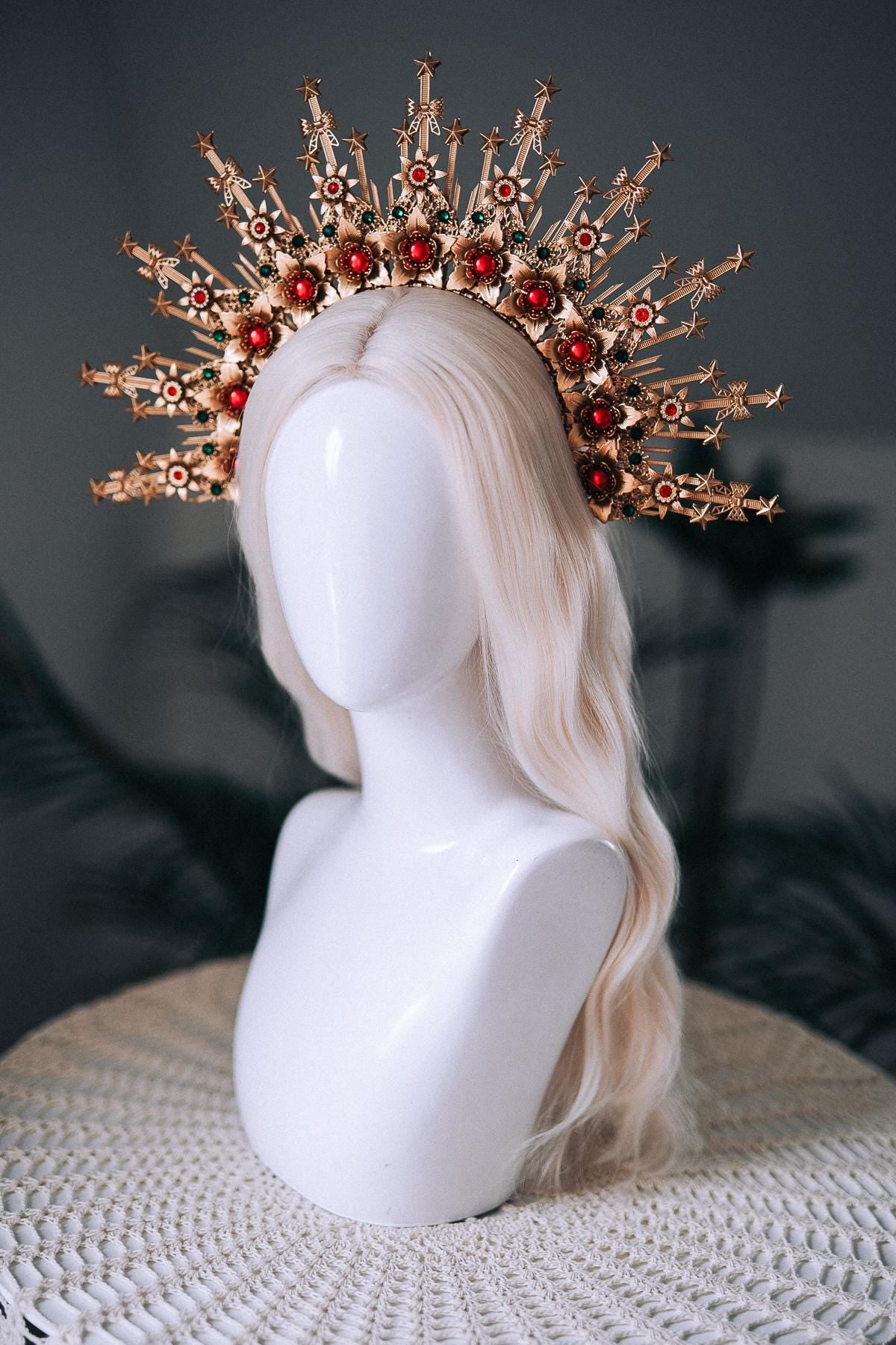 Christmas Halo Crown Red Green Gold Celestial Goddess Headpiece Holiday Tiara