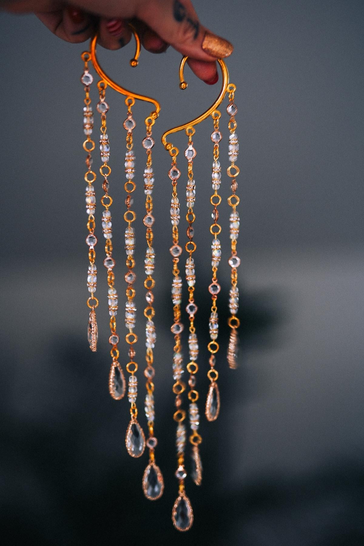 Golden Crystal Chain Ear Cuffs