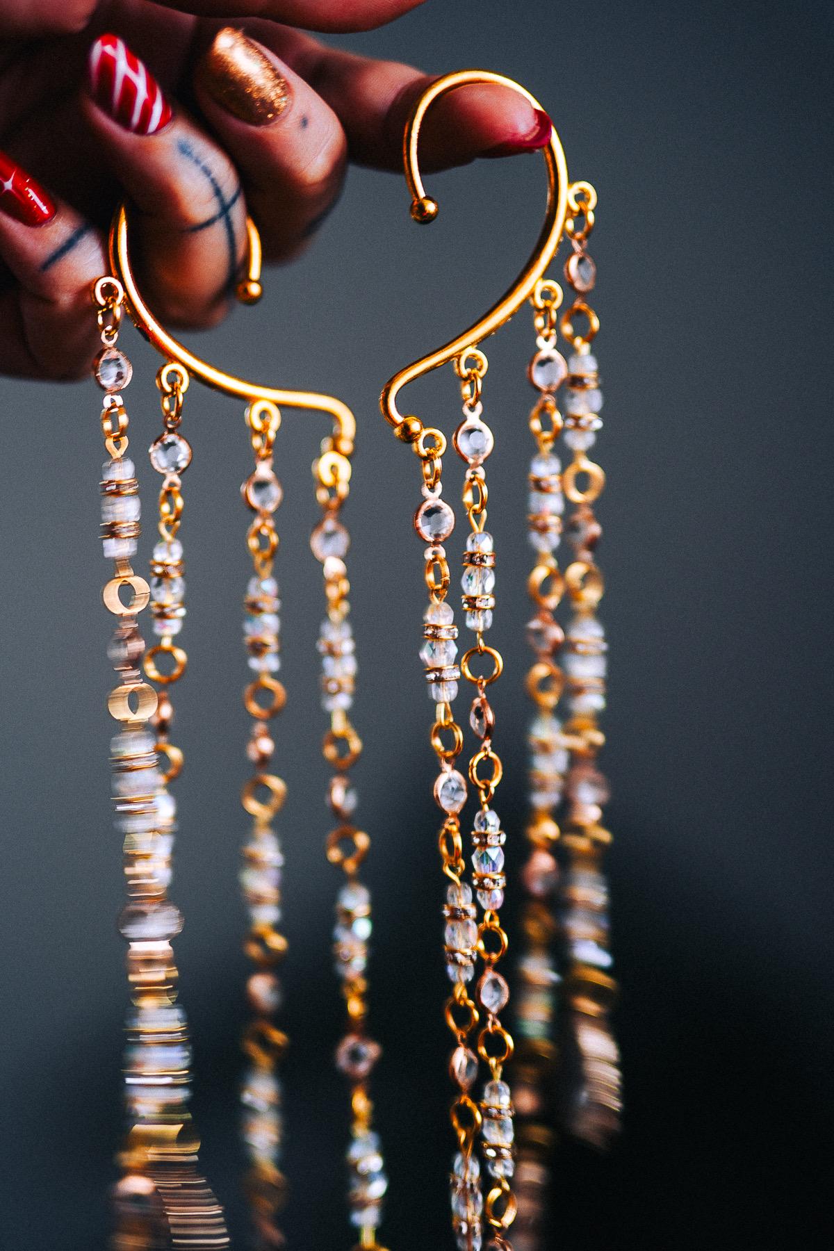 Golden Crystal Chain Ear Cuffs