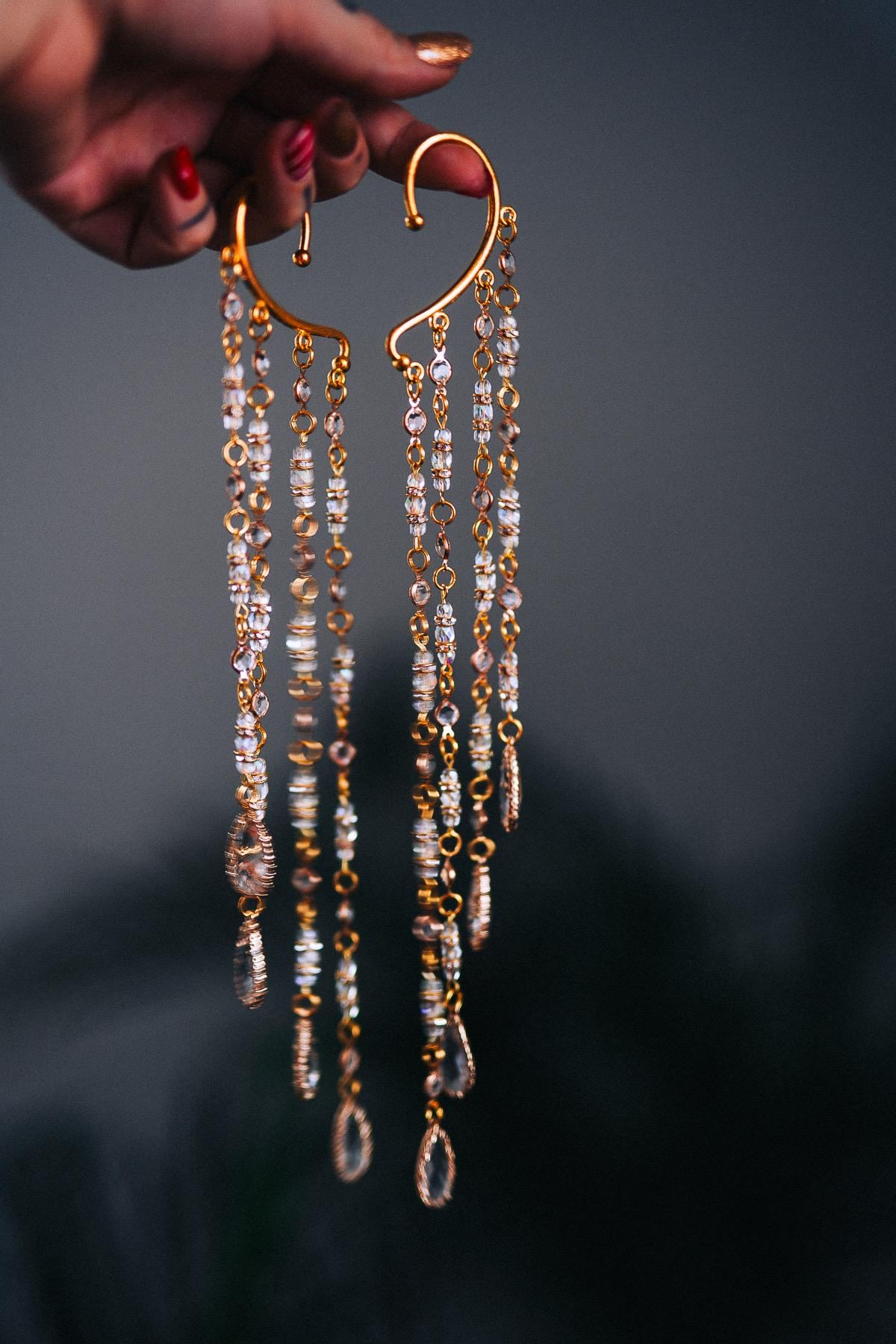 Golden Crystal Chain Ear Cuffs