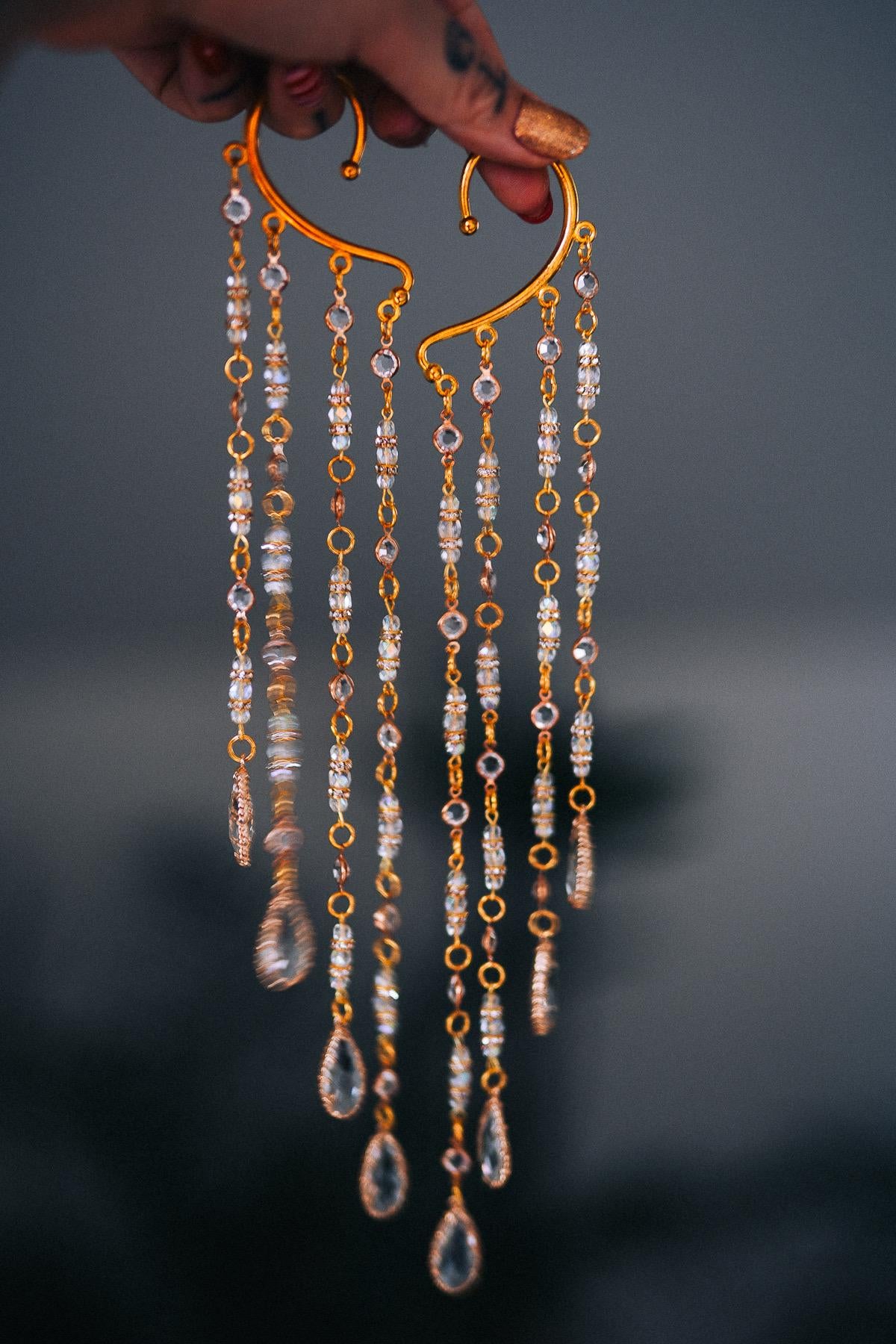 Golden Crystal Chain Ear Cuffs