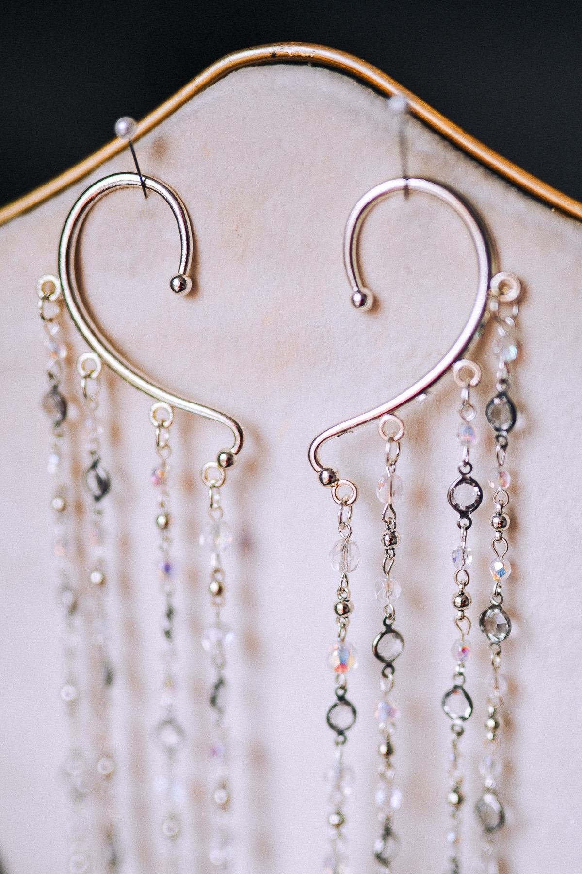 Silver Crystal Ear Cuffs Dripping Beads Festival Jewelry