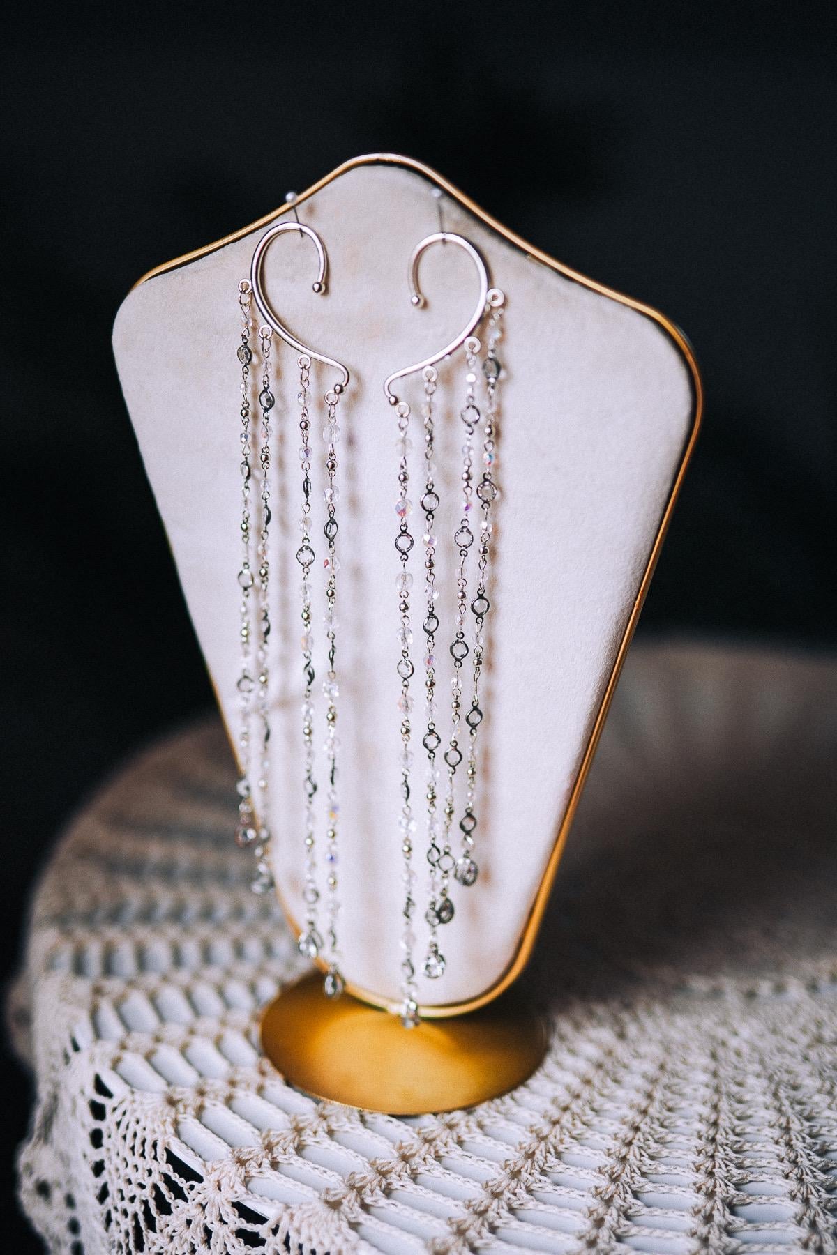 Silver Crystal Ear Cuffs Dripping Beads Festival Jewelry