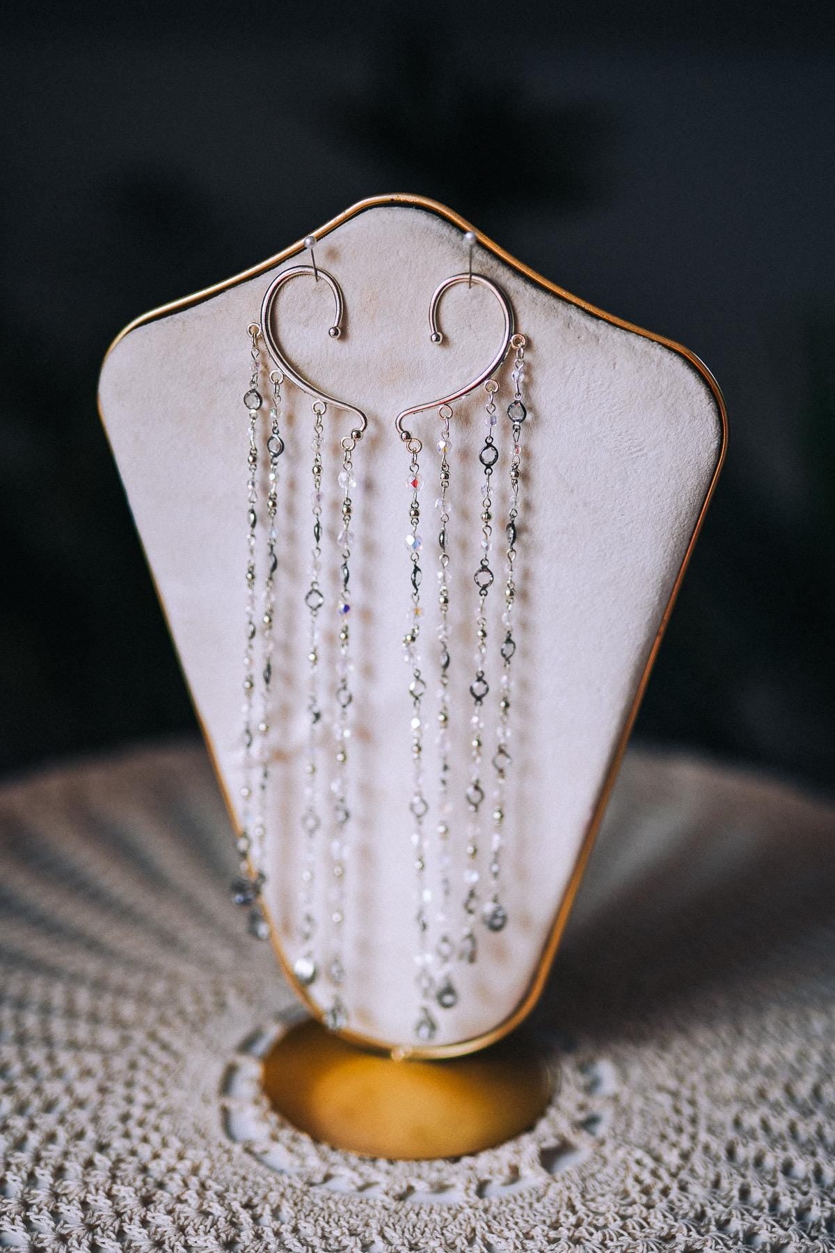 Silver Crystal Ear Cuffs Dripping Beads Festival Jewelry