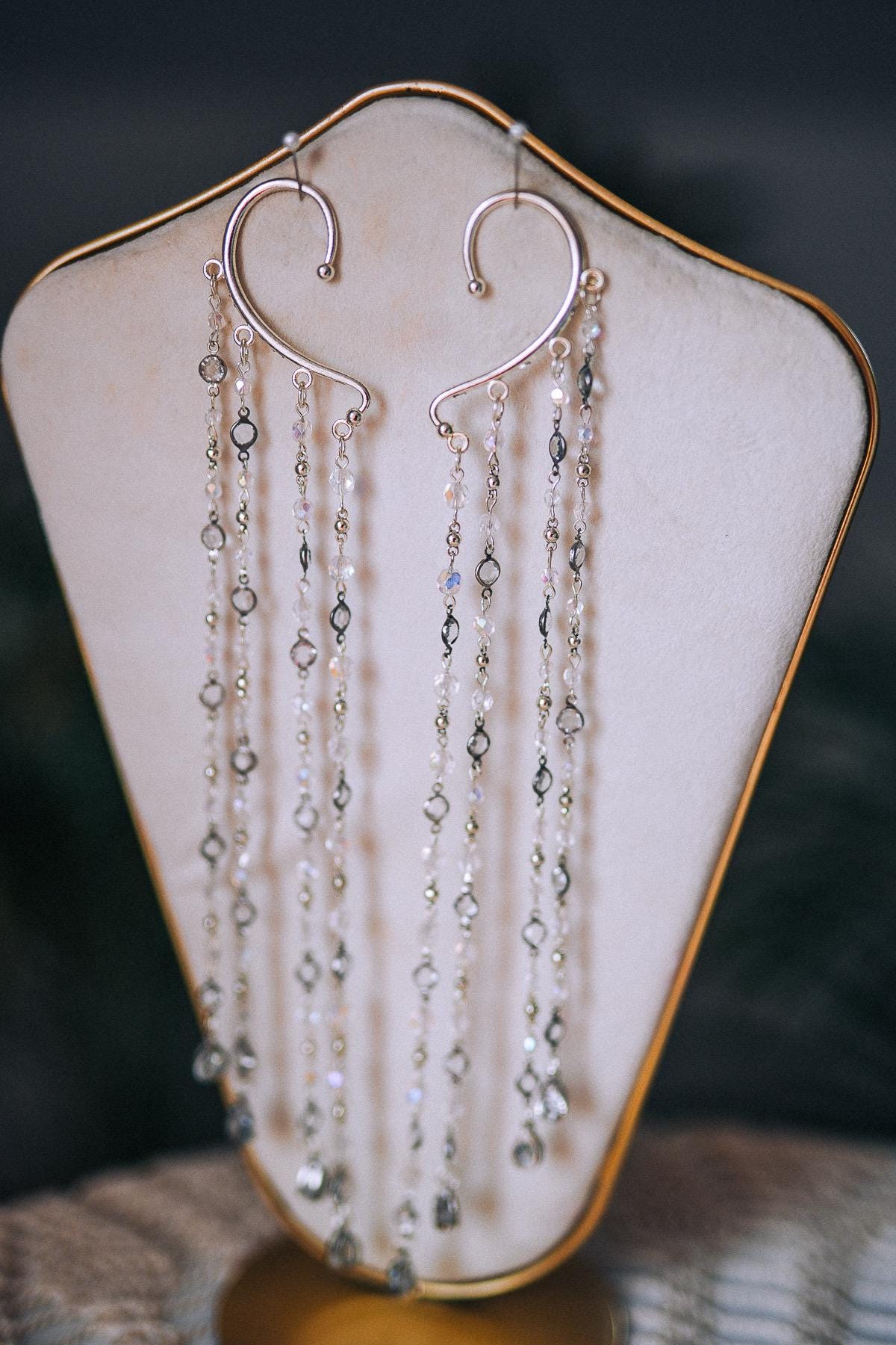 Silver Crystal Ear Cuffs Dripping Beads Festival Jewelry