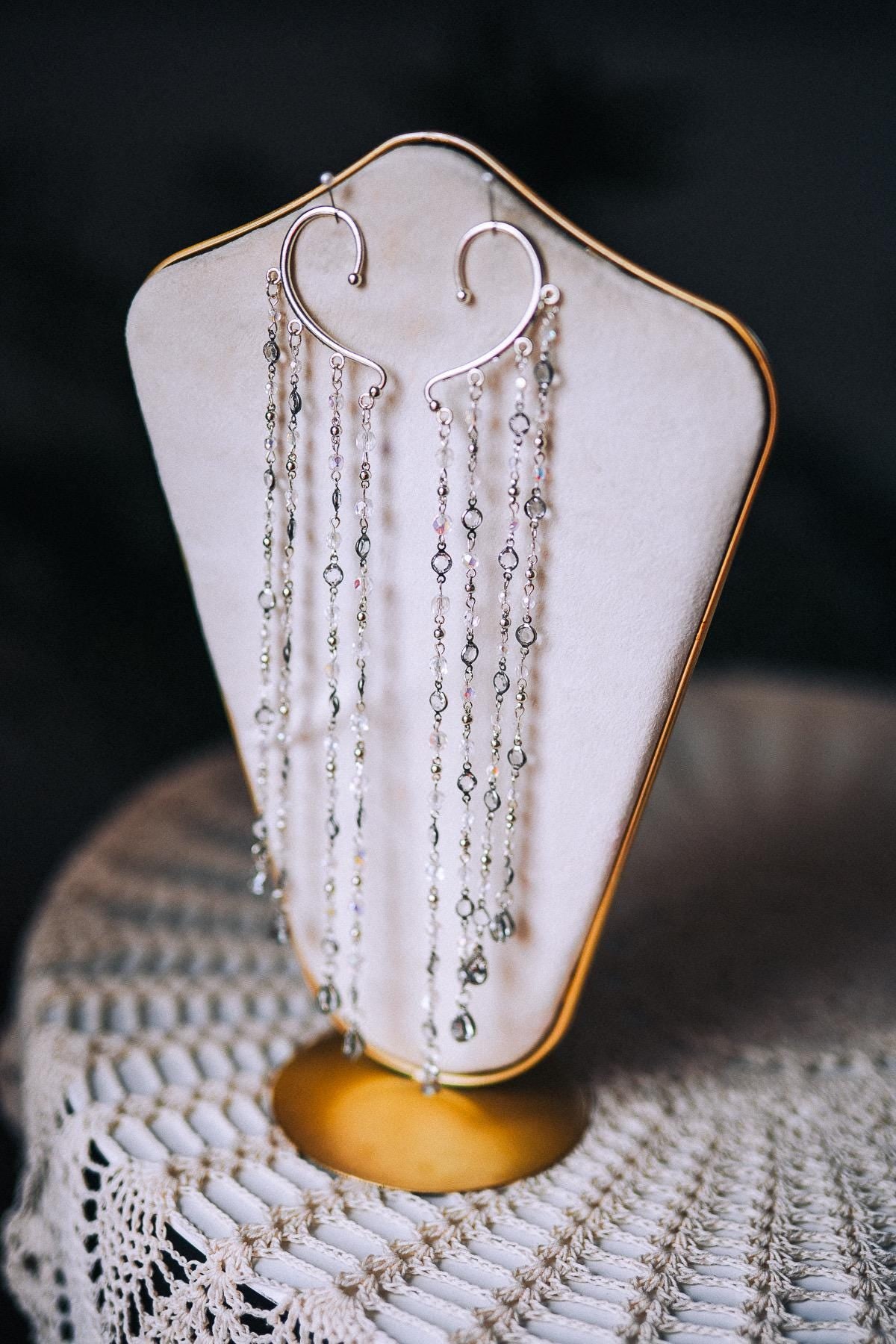 Silver Crystal Ear Cuffs Dripping Beads Festival Jewelry