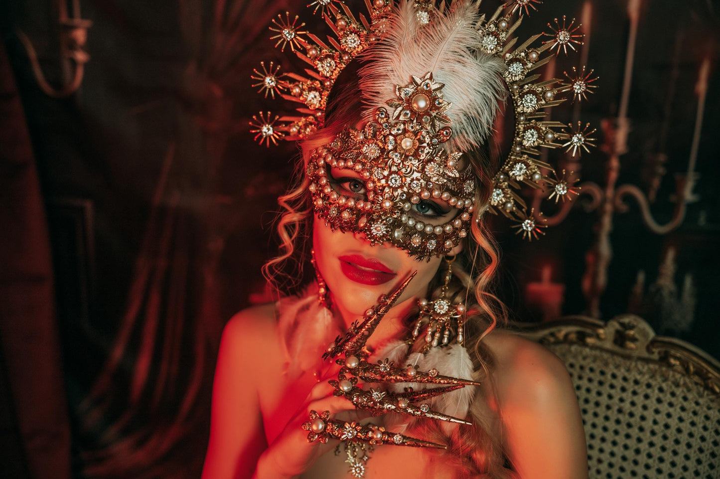 Golden Masquerade Mask With Pearls Luxury Carnival Costume Accessory