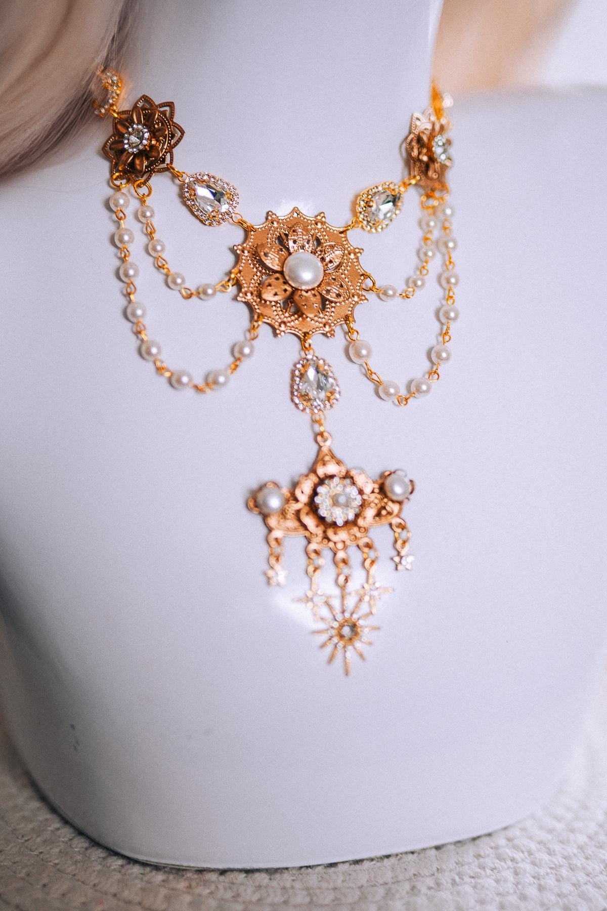 Golden Masquerade Necklace With Pearls Luxury Statement Jewelry