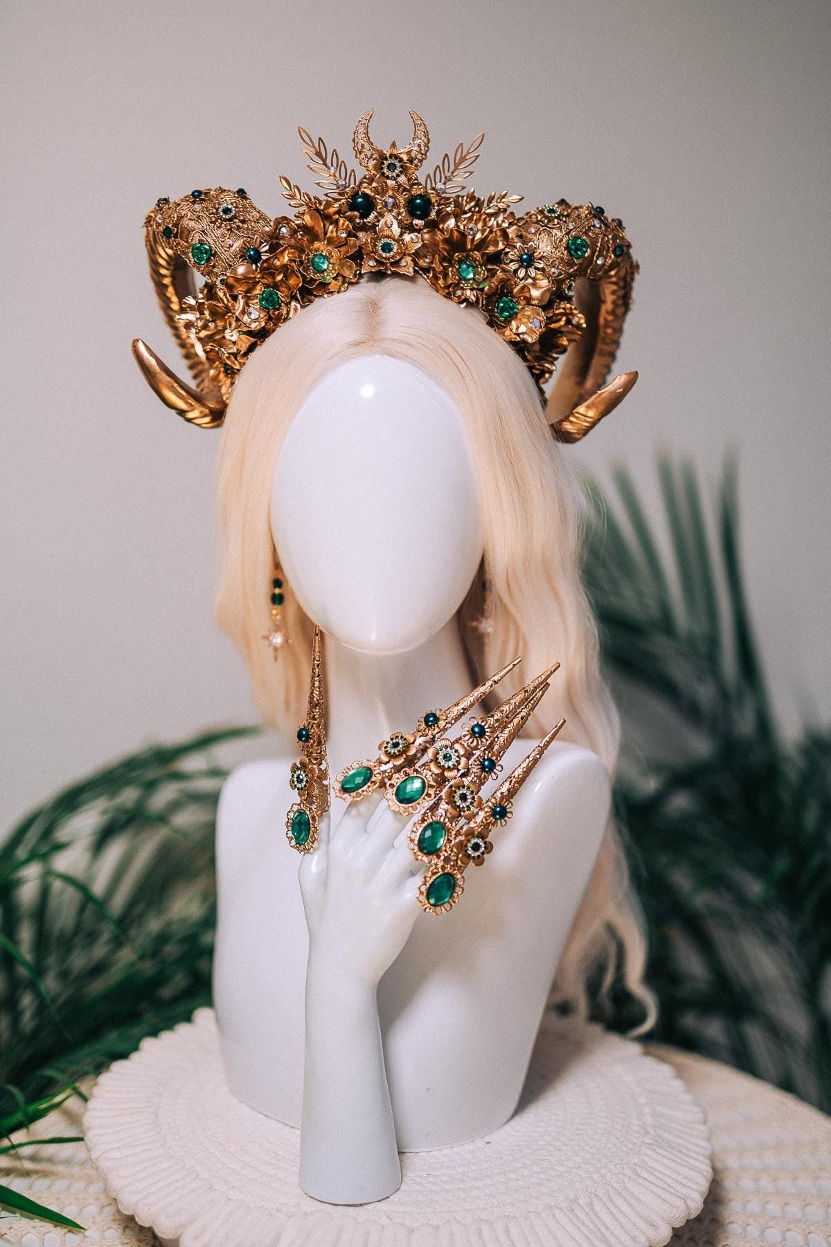Aries Emerald Goddess Halo Crown Royal Horn Headdress