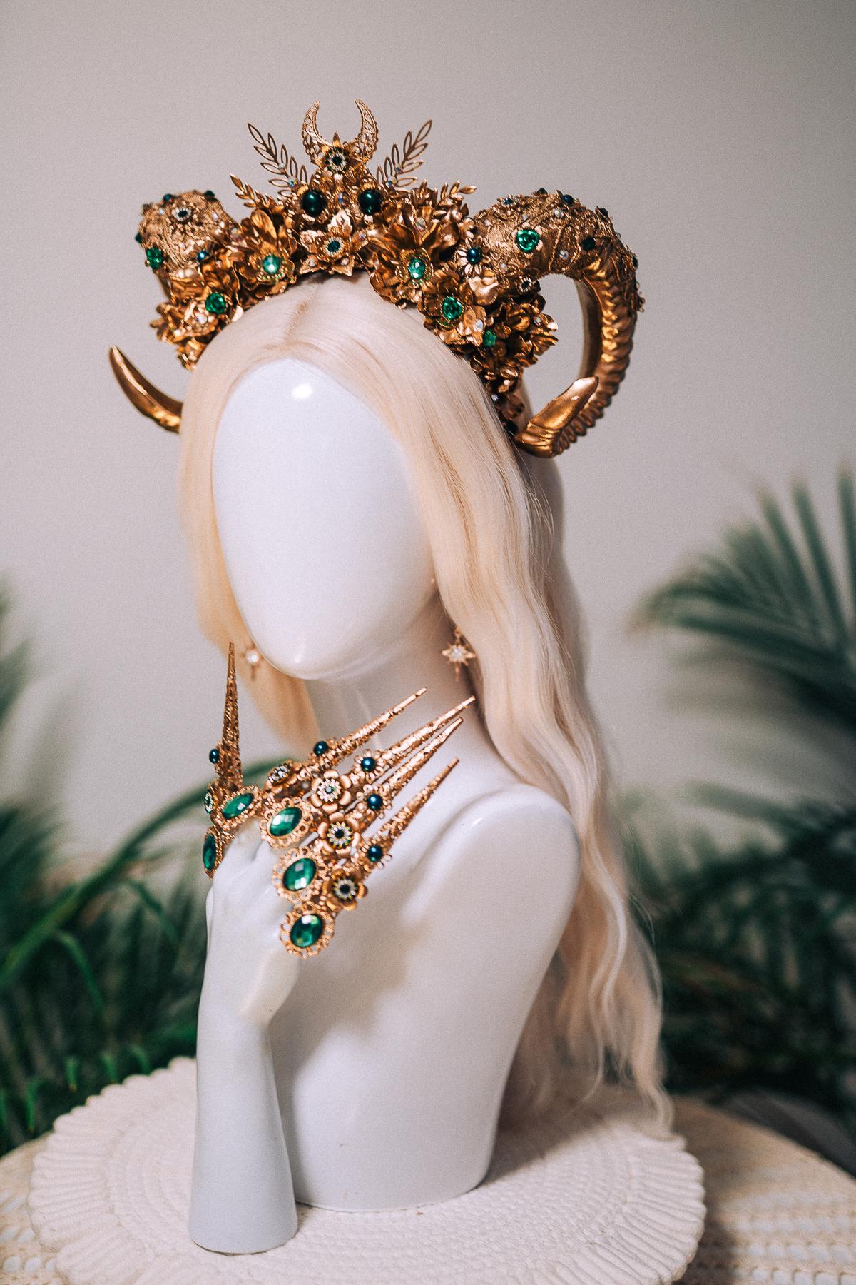 Aries Emerald Goddess Halo Crown Royal Horn Headdress