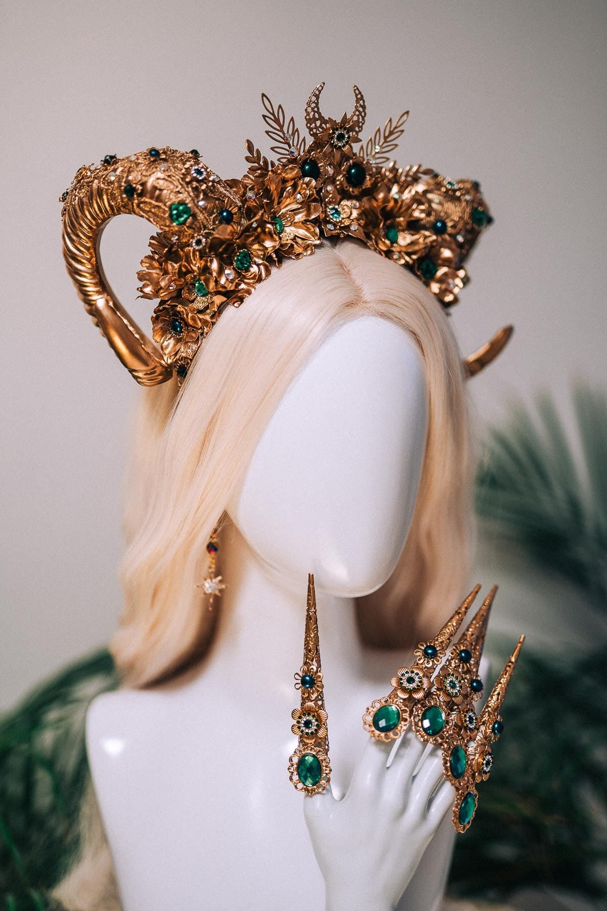 Aries Emerald Goddess Halo Crown Royal Horn Headdress