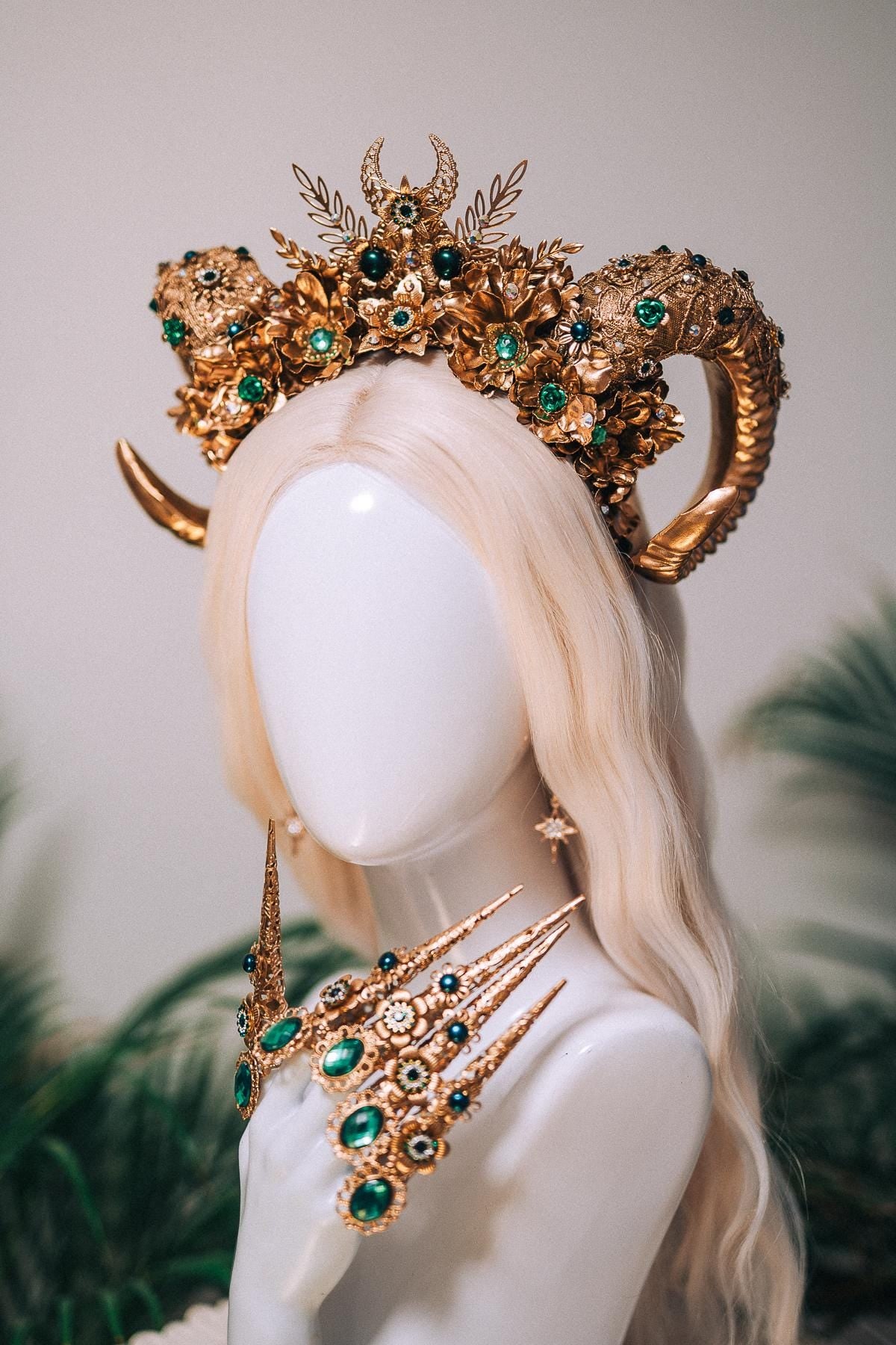 Aries Emerald Goddess Halo Crown Royal Horn Headdress