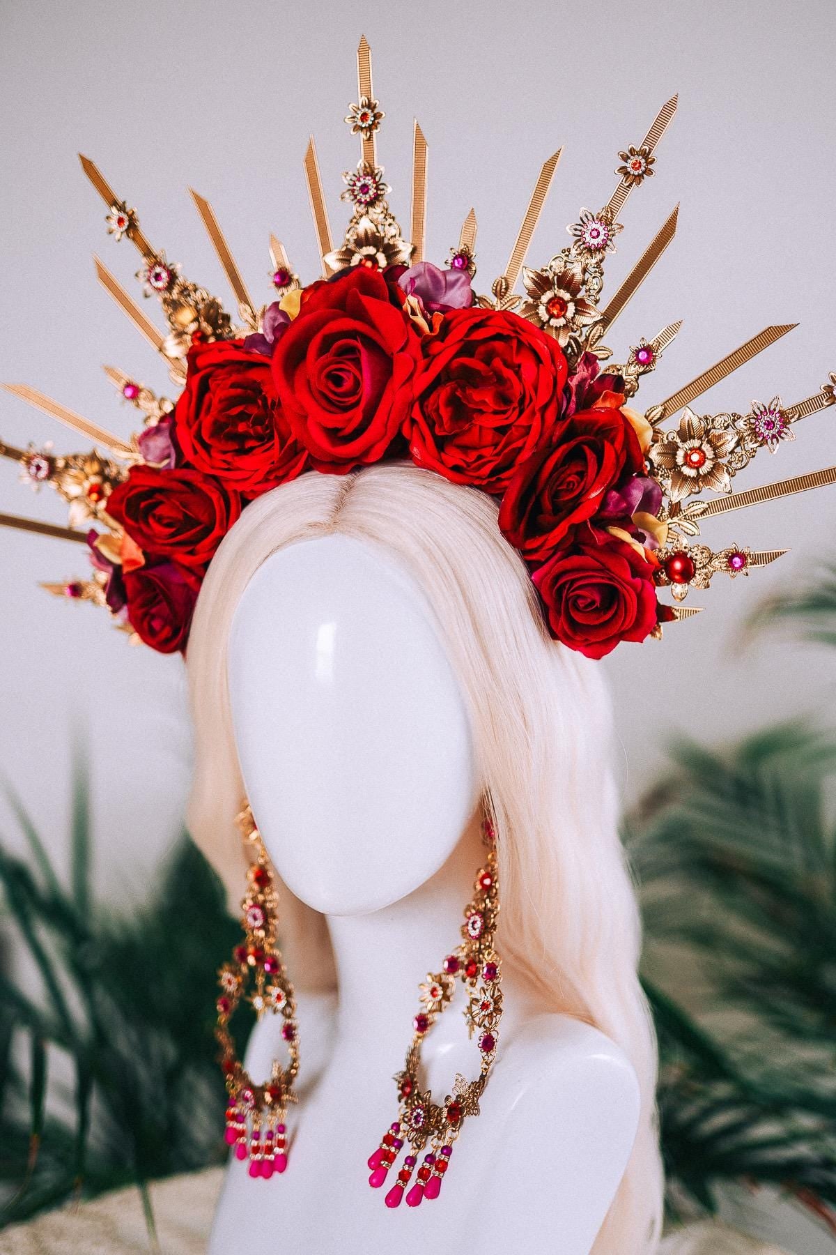 Red Rose Halo Crown Gold Floral Headpiece