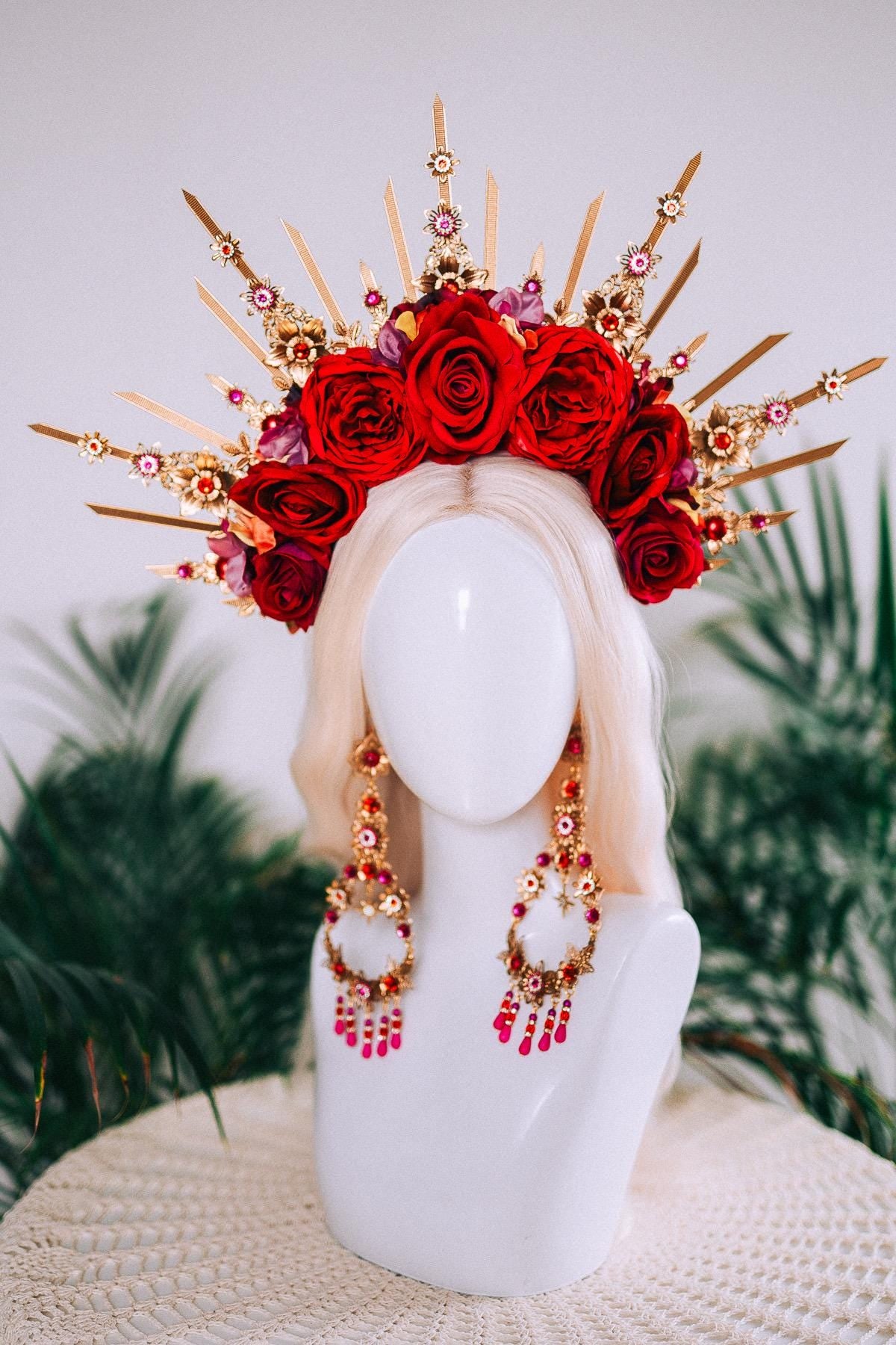 Red Rose Halo Crown Gold Floral Headpiece