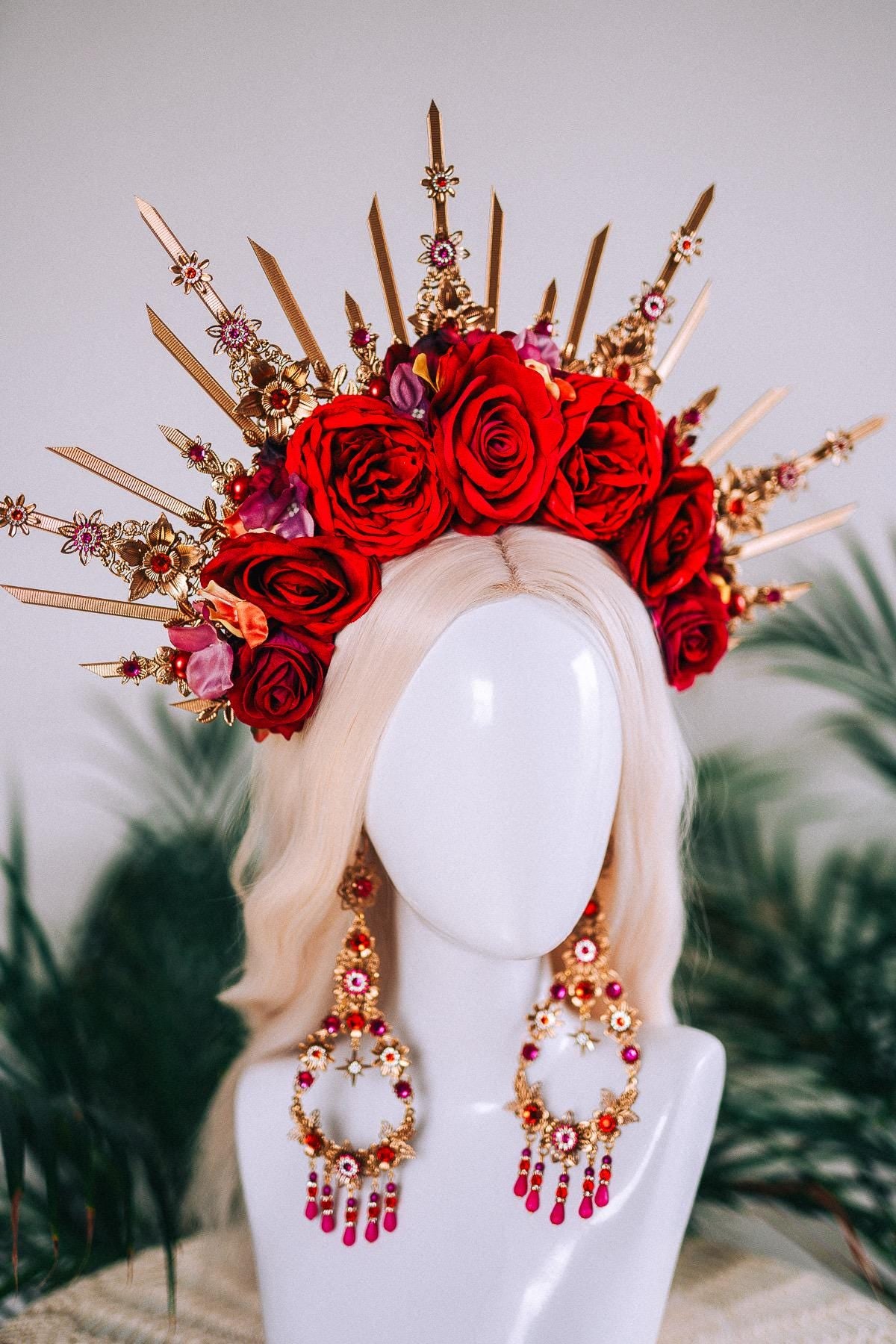 Red Rose Halo Crown Gold Floral Headpiece