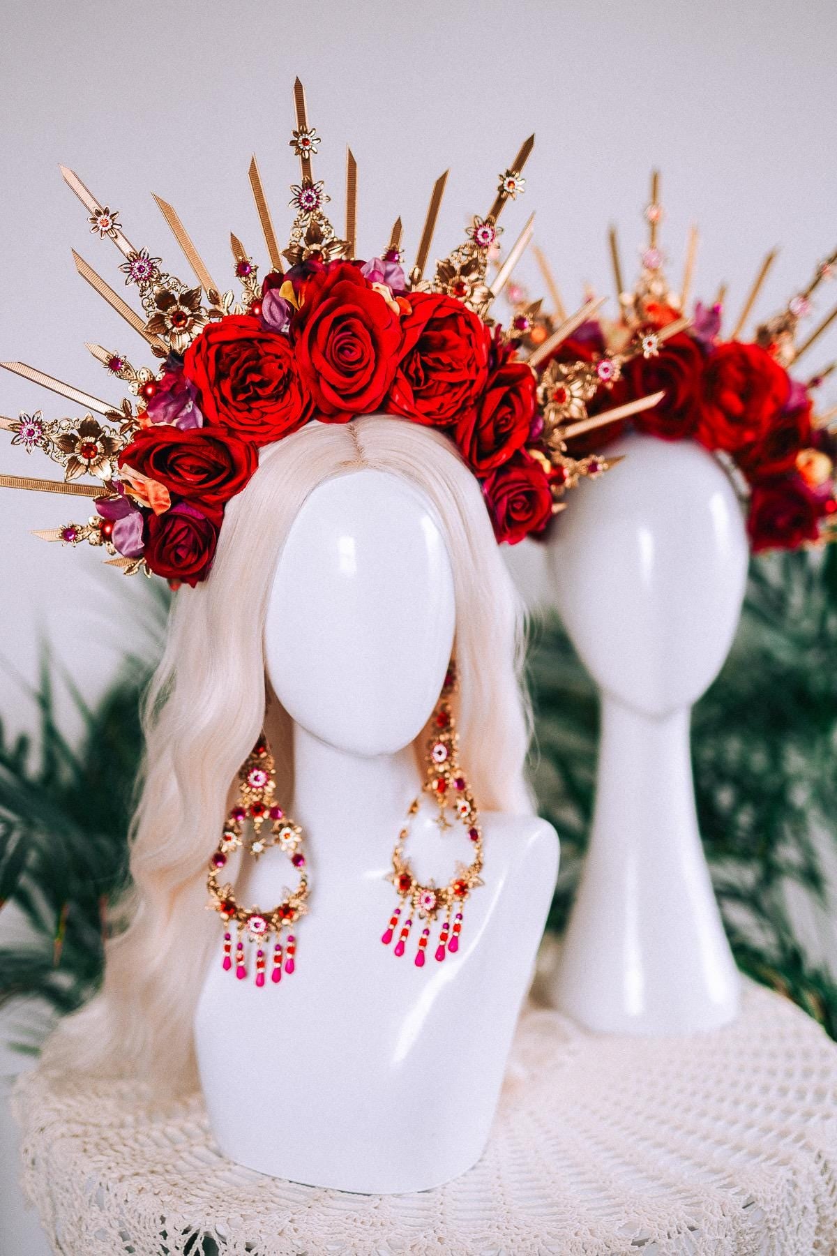 Red Rose Halo Crown Gold Floral Headpiece