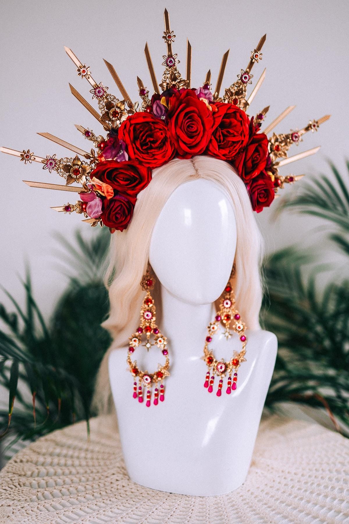 Red Rose Halo Crown Gold Floral Headpiece