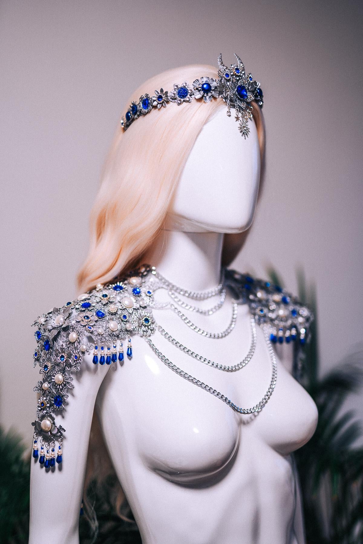 Celestial Moon Shoulder Necklace Silver Blue Goddess Jewelry