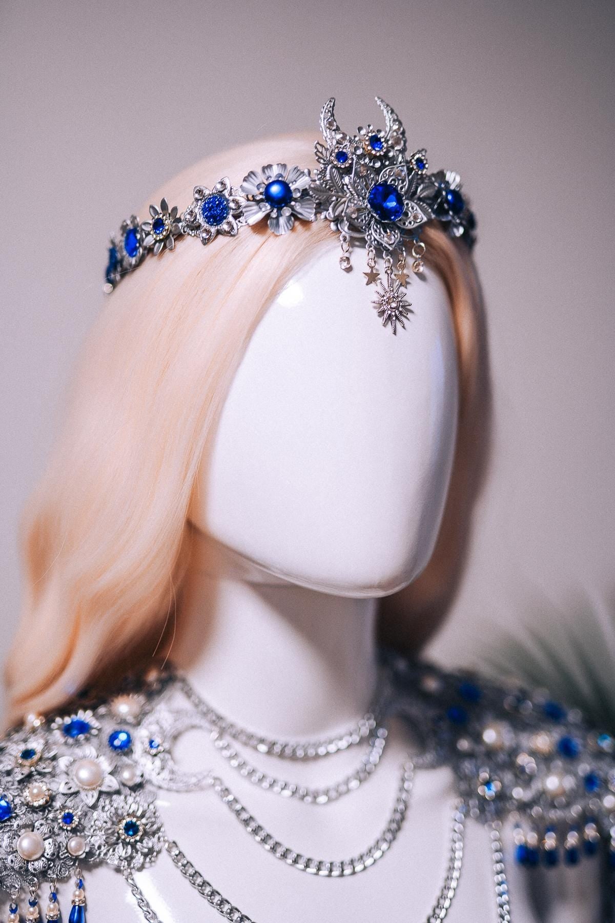 Celestial Moon Shoulder Necklace Silver Blue Goddess Jewelry