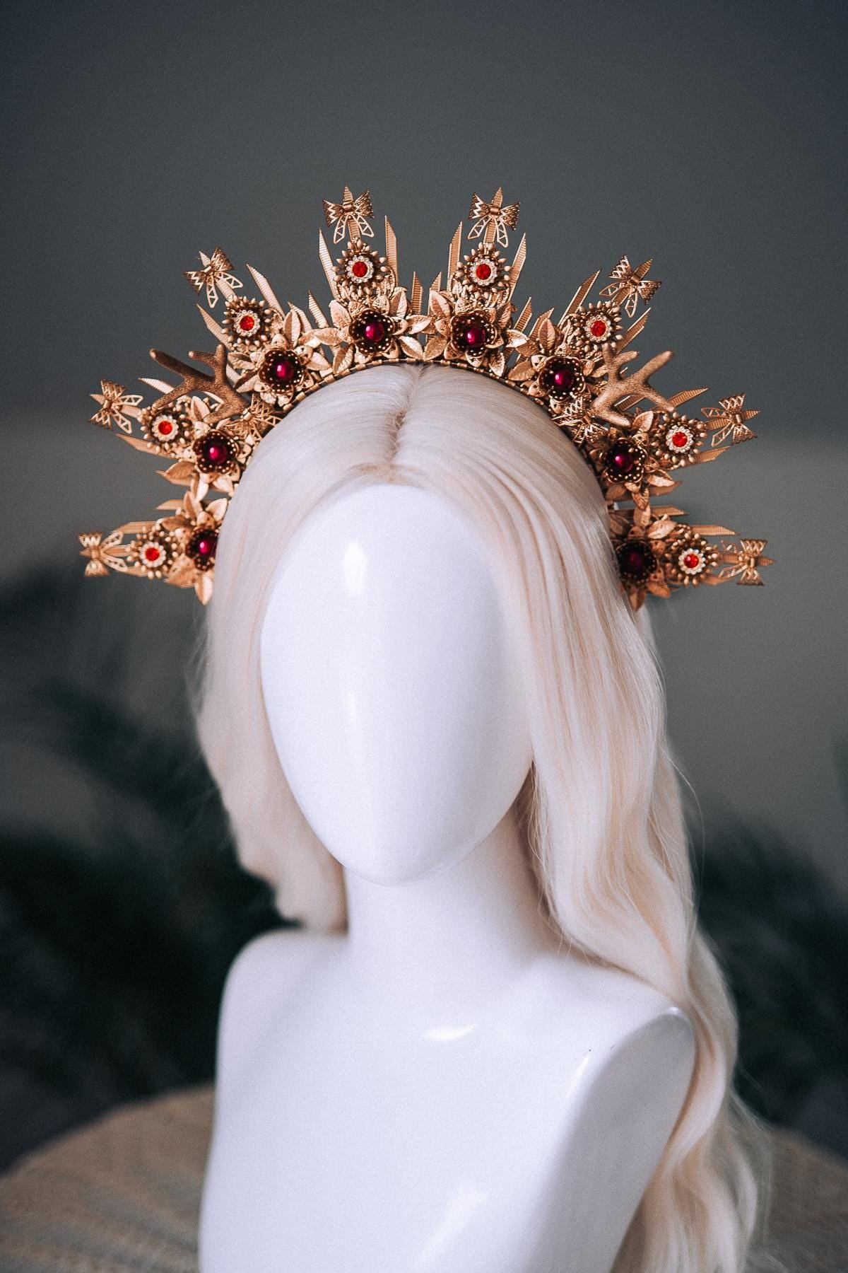 Christmas Halo Crown Red Green Gold Celestial Goddess Headpiece Holiday Tiara