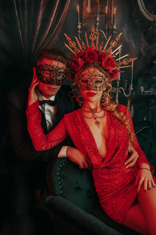 red and gold masquerade dress Luxurious Italian Renaissance Gown: Medieval Red & Gold Dress for Carnival, Masquerade, Historical Events