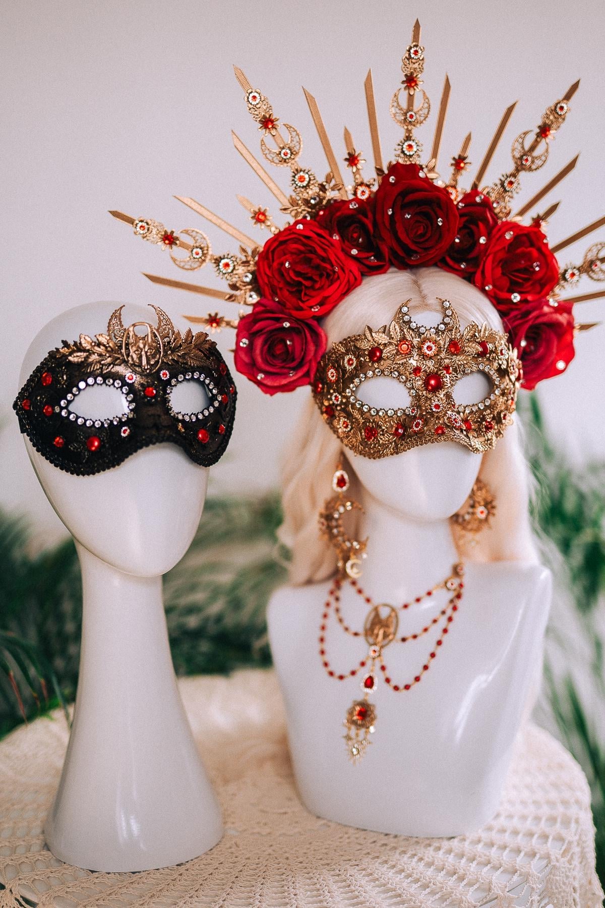 Golden Rose Masquerade Earrings Red Pink Floral Crystal Pearl Carnival Jewelry For Her
