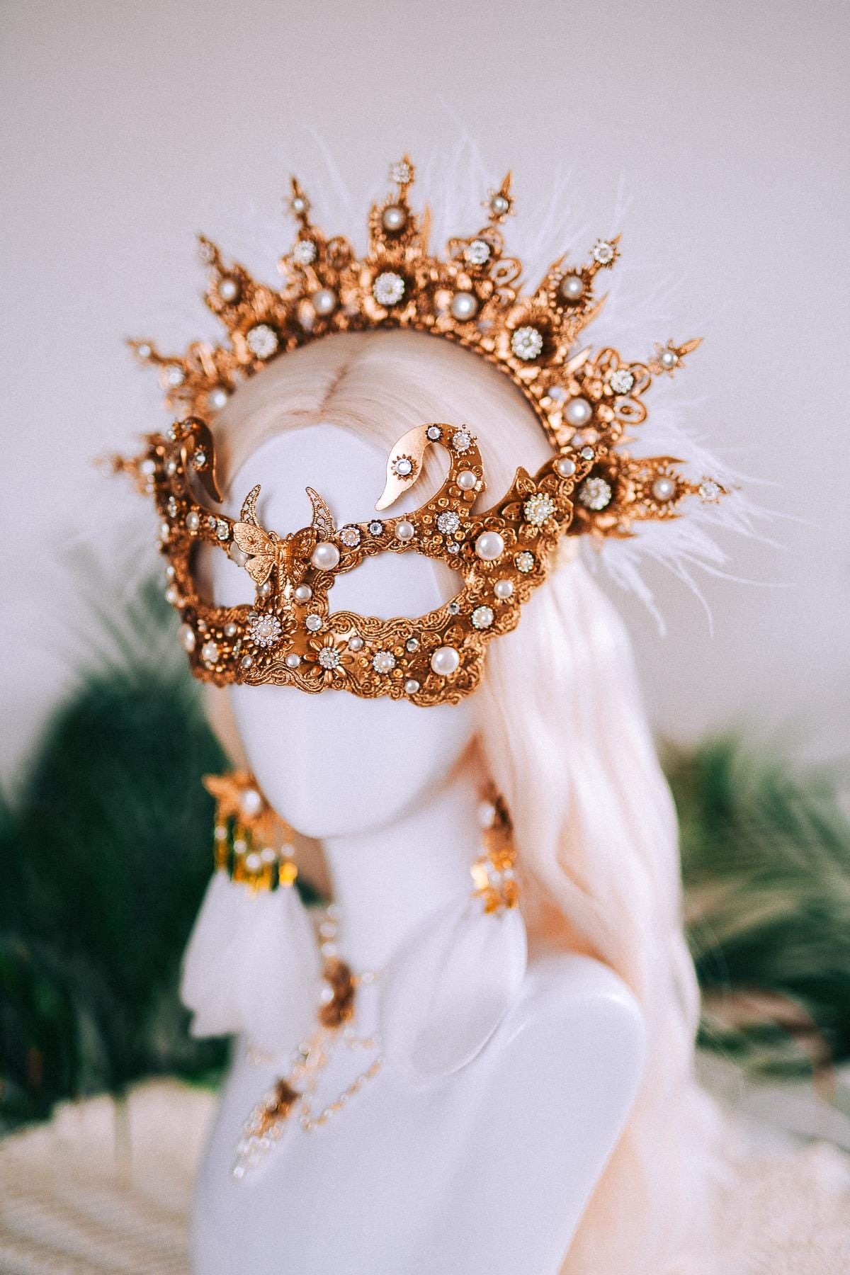 White Swan Feather Halo Crown Bridal Masquerade Headpiece