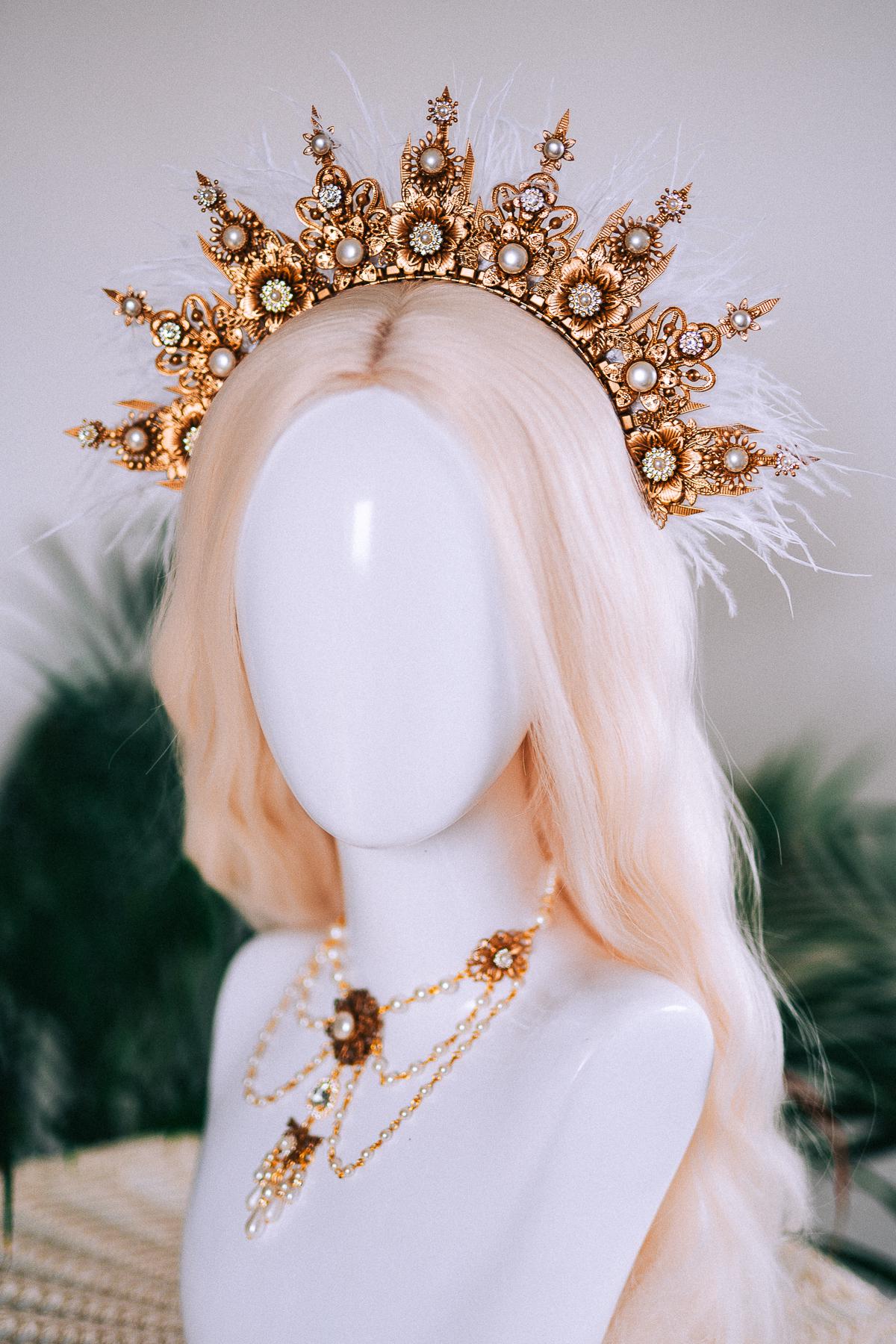 White Swan Feather Halo Crown Bridal Masquerade Headpiece