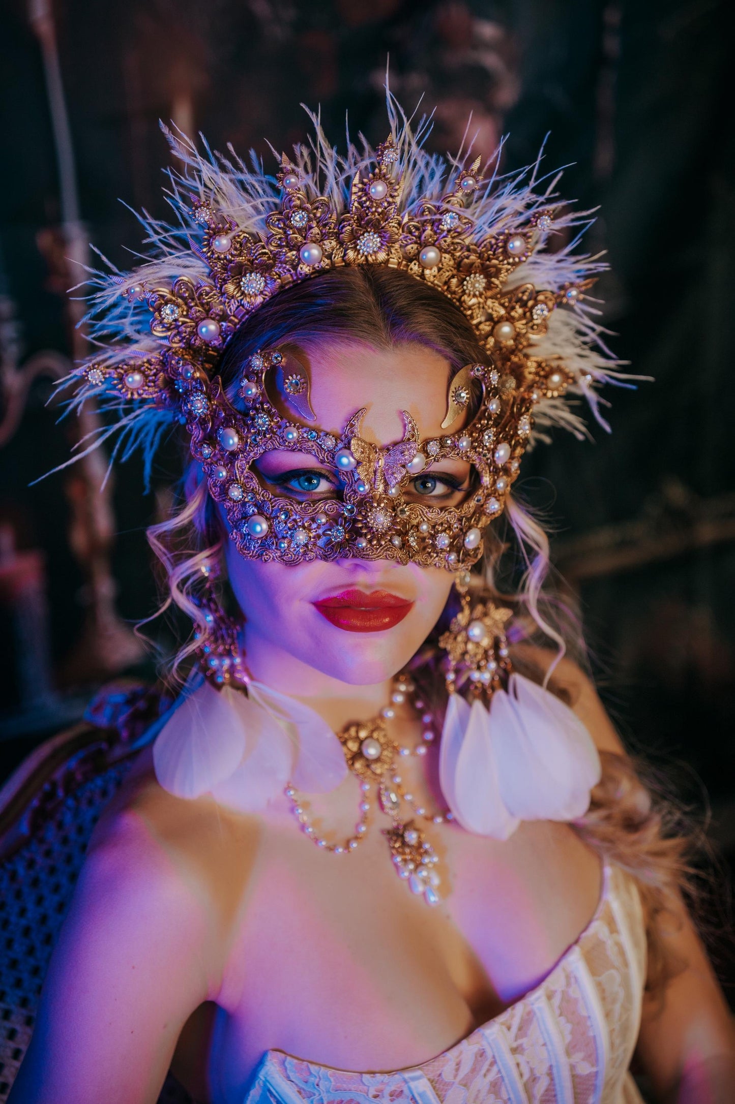White Swan Feather Halo Crown Bridal Masquerade Headpiece
